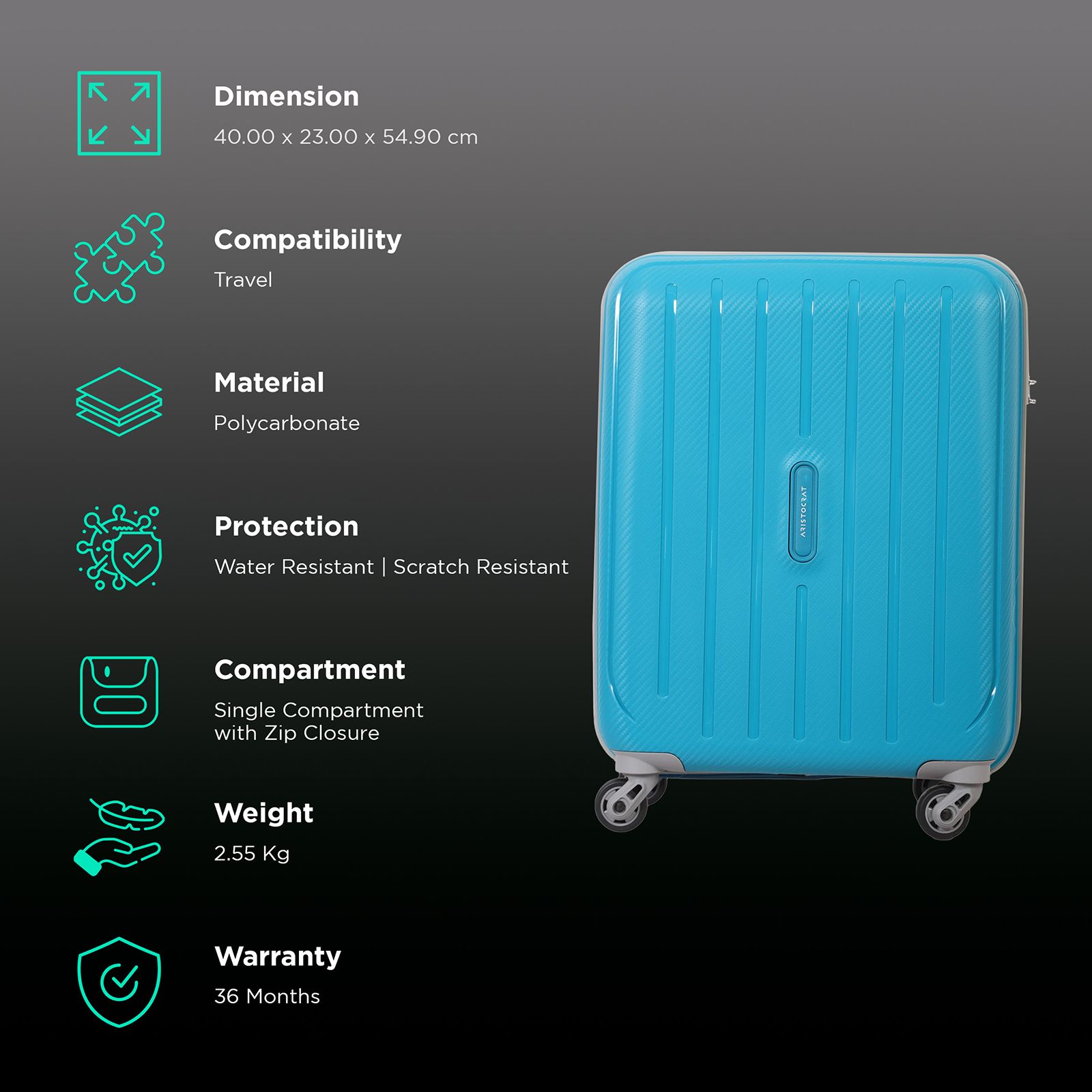 ARISTOCRAT Nitron 55 Litres Polycarbonate Trolley Bag (Number Lock Mechanism, NITRON55TBL, Blue) ARISTOCRAT Nitron 55 Litres Polycarbonate Trolley Bag (Number Lock Mechanism, NITRON55TBL, Blue)_3