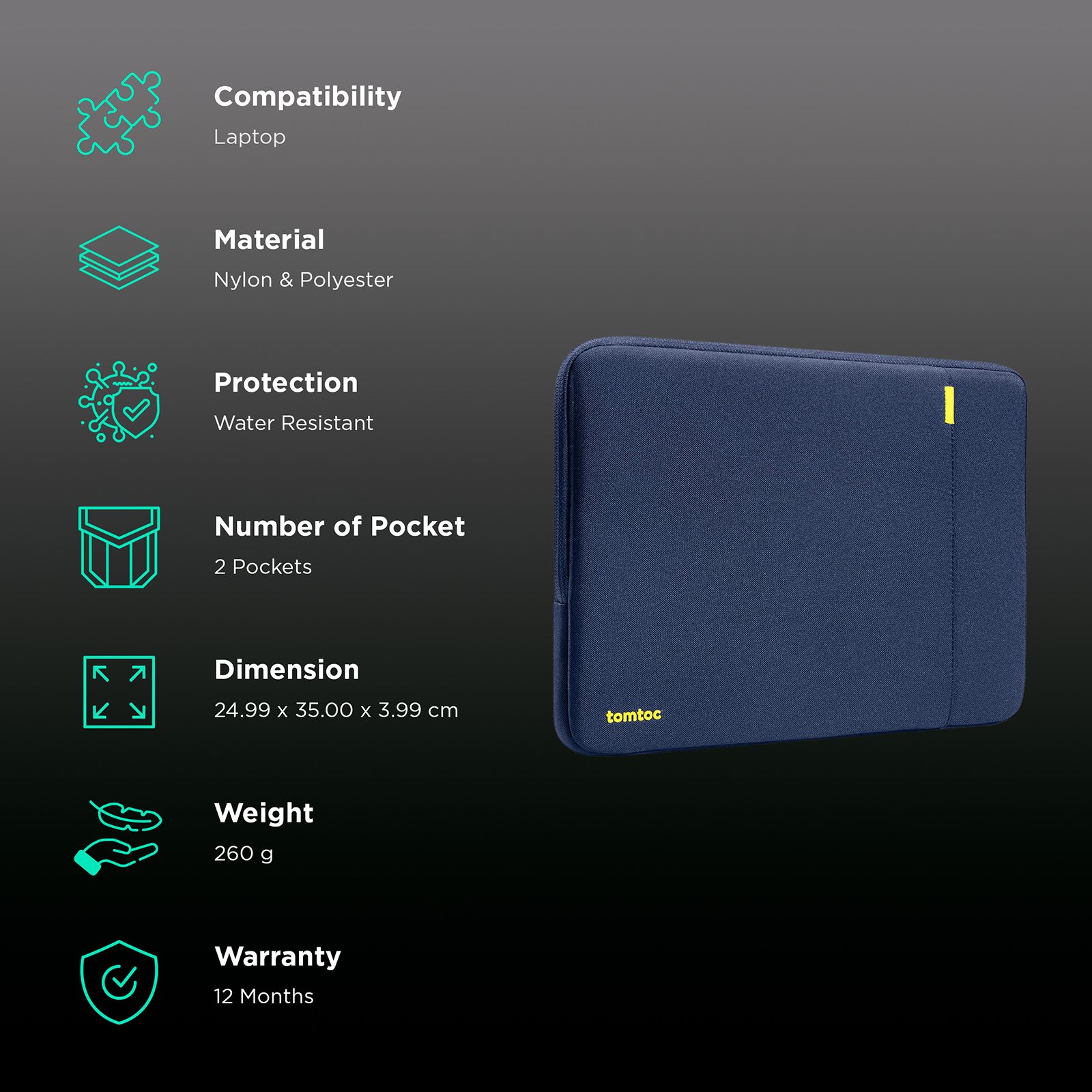 tomtoc A13D2B2 Recycled Fabric Laptop Sleeve for 14 Inch Laptop (Water Resistant, Blue) tomtoc A13D2B2 Recycled Fabric Laptop Sleeve for 14 Inch Laptop (Water Resistant, Blue)_3