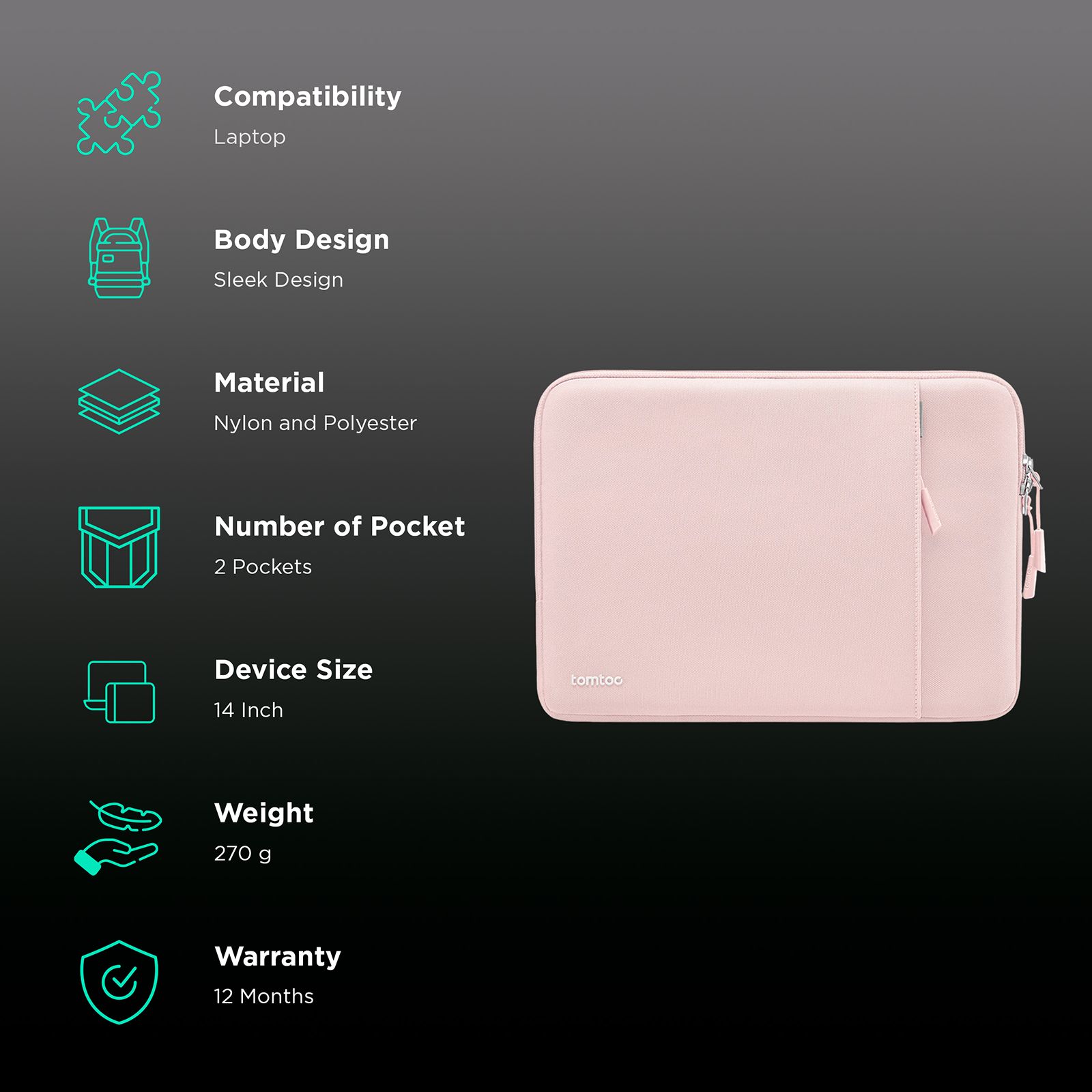 tomtoc A13D2P1 Nylon Laptop Sleeve for 14 Inch Laptop (Pink)_3