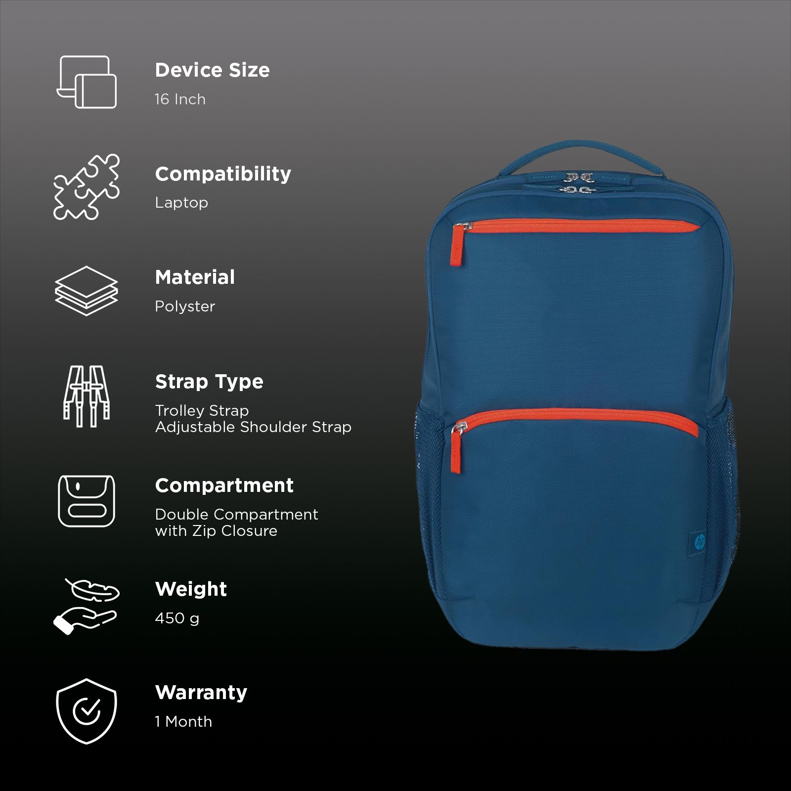 HP Campus Core Polyester Backpack for 16 Inch Laptop (20 L, Padded Shoulder Straps, Blue)_2