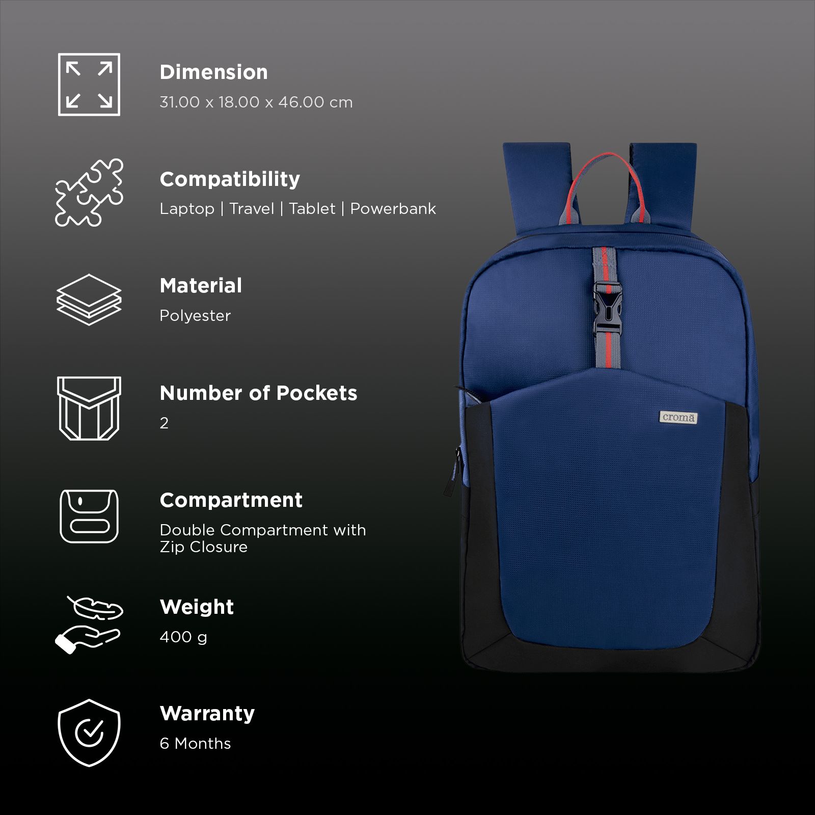 Croma Polyester Backpack for 15.6 Inch Laptop (17L, Water Bottle Pocket, Blue)_2