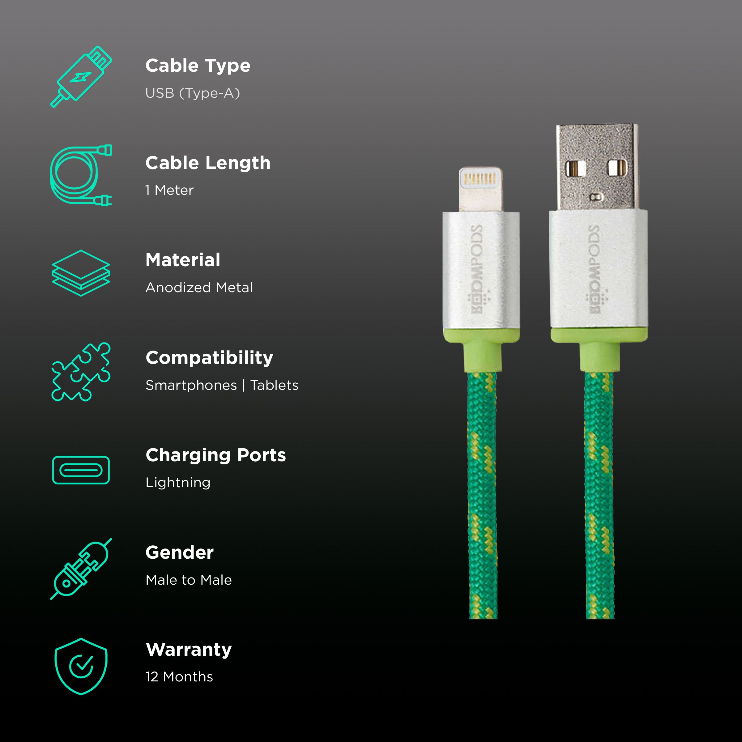 Boompods Retro Type A to Lightning 3.3 Feet (1M) Cable (Sync and Charge, Green) Boompods Retro Type A to Lightning 3.3 Feet (1M) Cable (Sync and Charge, Green)_2