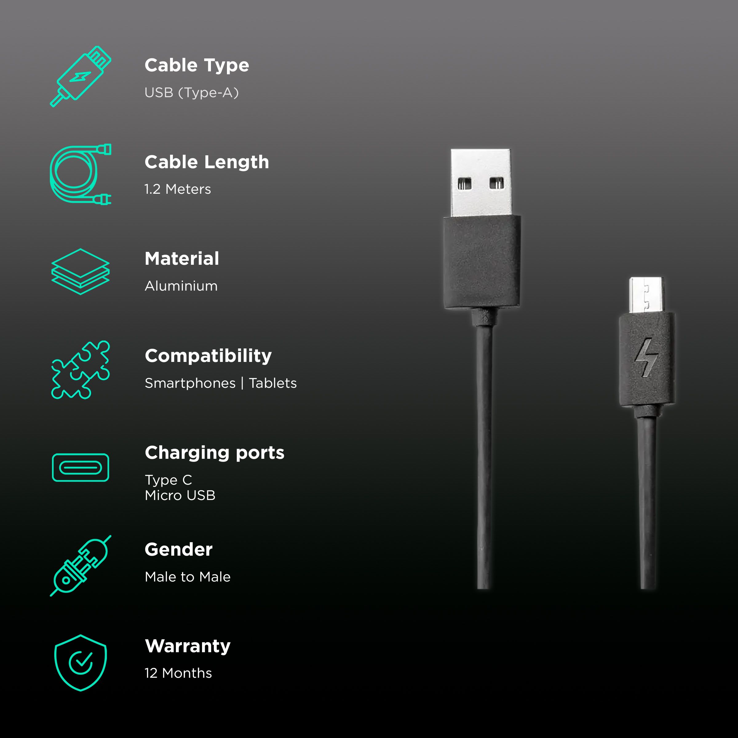 Xiaomi Type A to Type C, Micro USB 3.9 Feet (1.2M) 2-in-1 Cable (Sync and Charge, Black)_2