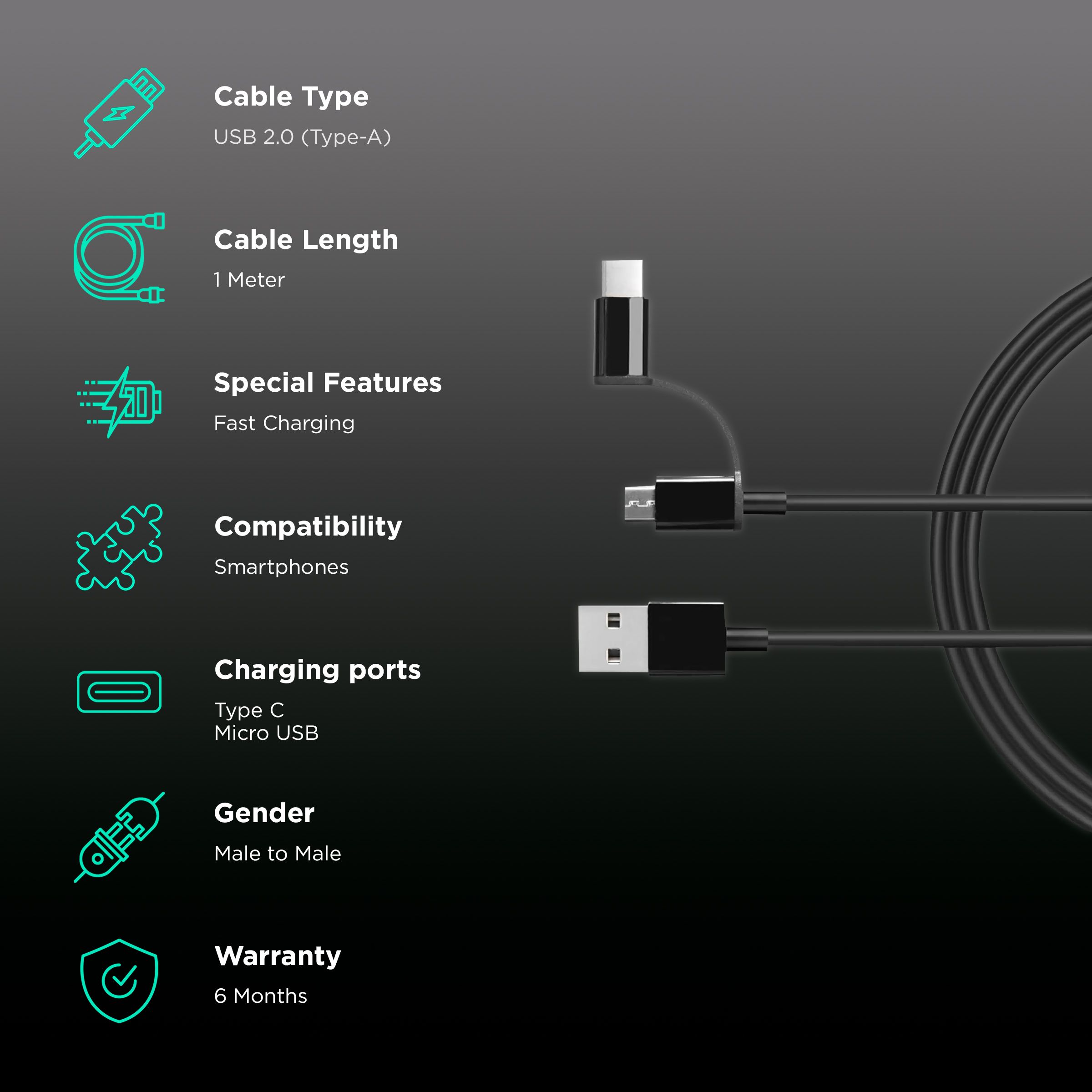 Mi Type A to Type C, Micro USB 3.3 Feet (1M) 2-in-1 Cable (Reinforced Stress Relief Points, Black)_2