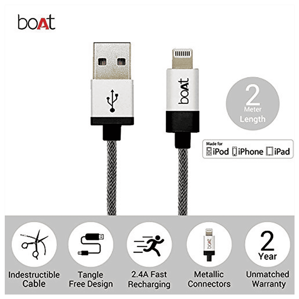 boAt LTG 500 Type A to Lightning 6.6 Feet (2M) Cable (MFi Certified, Metallic Silver)_3