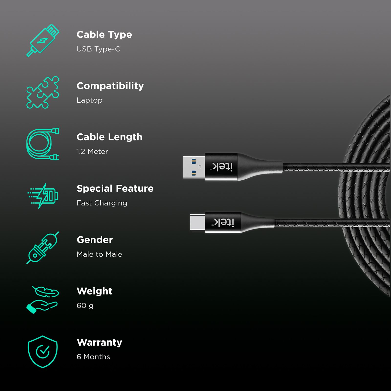 itek Type A to Type C 3.9 Feet (1.2M) Cable (480 Mbps Transfer Speed, Black) itek Type A to Type C 3.9 Feet (1.2M) Cable (480 Mbps Transfer Speed, Black)_2