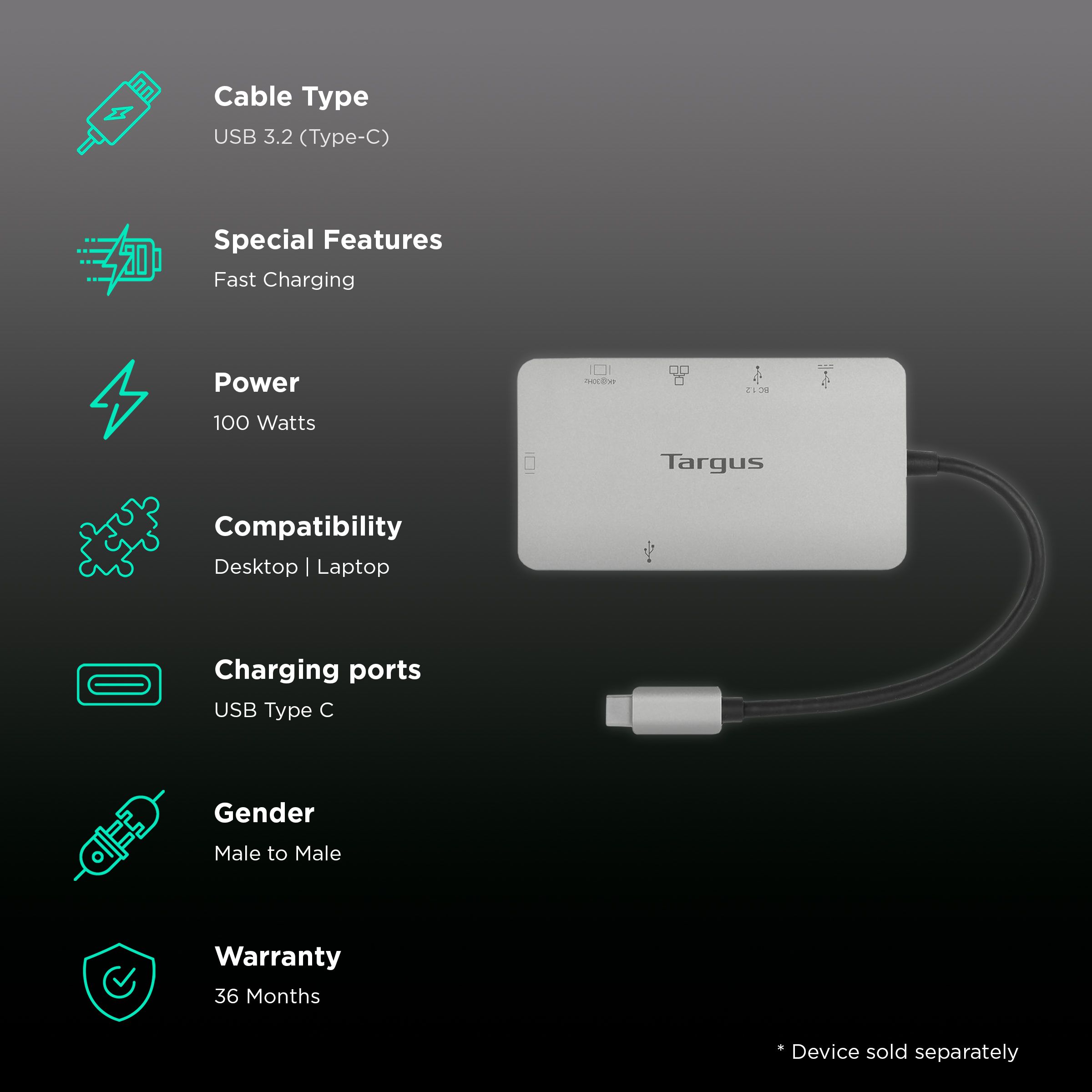 Targus USB 3.2 Type C to USB 3.2 Type C, USB 3.2 Type A, RJ45, HDMI Type A, VGA Port Docking Station (100 Watt Power Delivery, Grey) Targus USB 3.2 Type C to USB 3.2 Type C, USB 3.2 Type A, RJ45, HDMI Type A, VGA Port Docking Station (100 Watt Power Delivery, Grey)_2