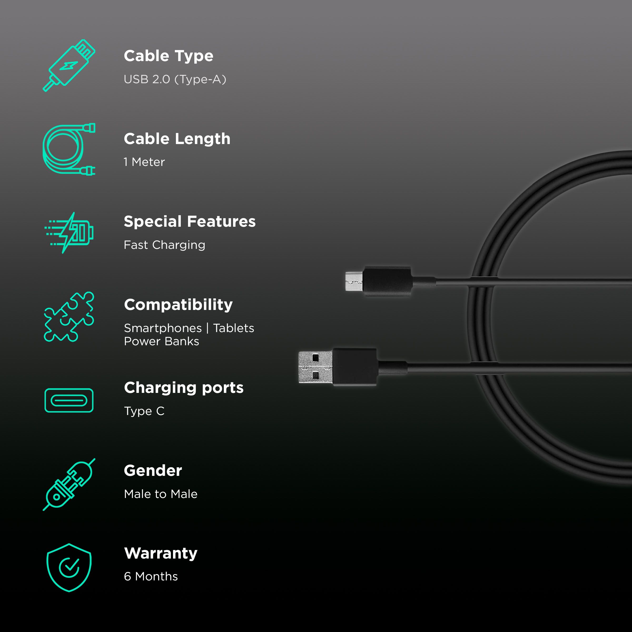 Xiaomi Type A to Type C 3.3 Feet (1M) Cable (Tangle Free Design, Black) Xiaomi Type A to Type C 3.3 Feet (1M) Cable (Tangle Free Design, Black)_2