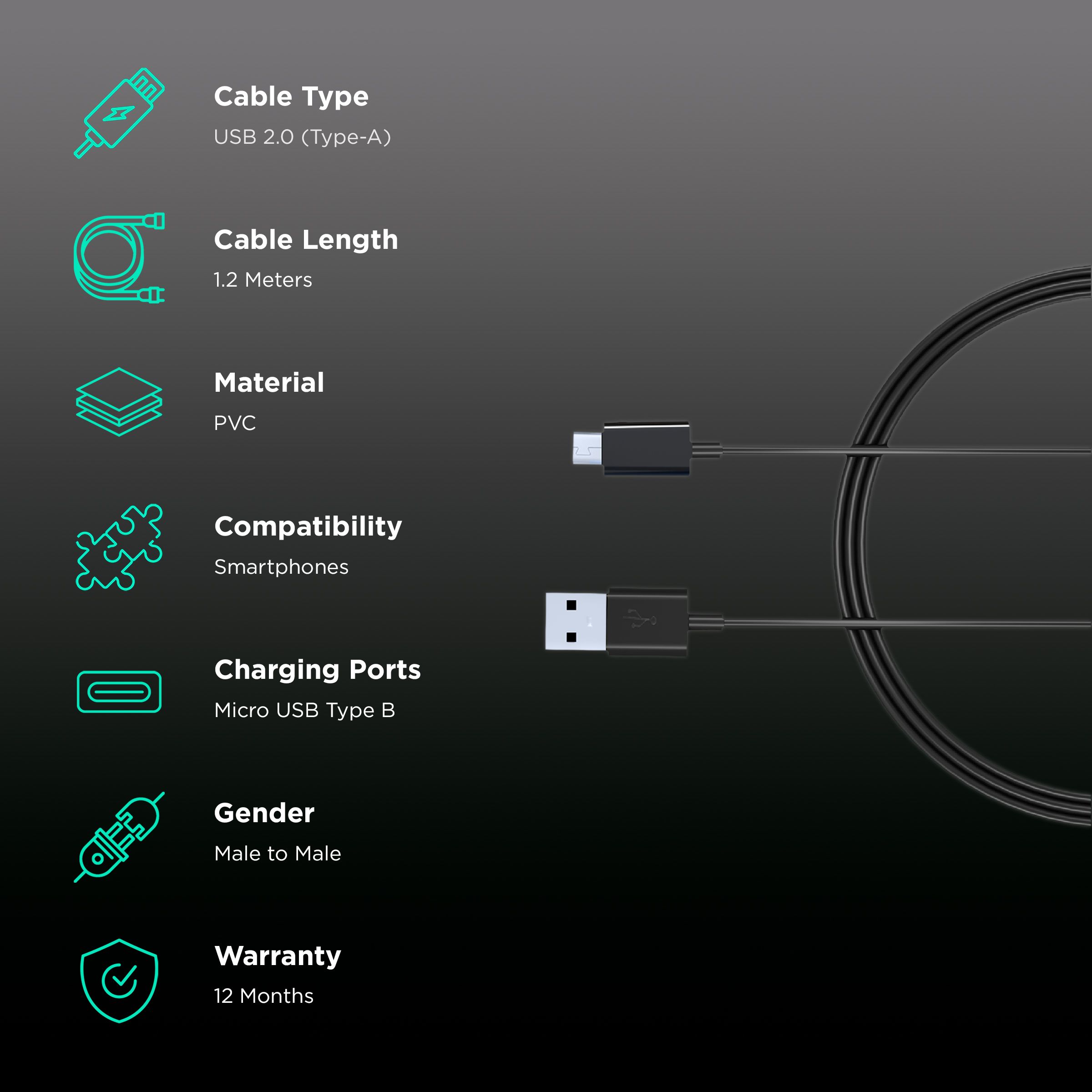 Croma Type A to Micro USB 3.9 Feet (1.2M) Cable (Sync and Charge, Black)_2