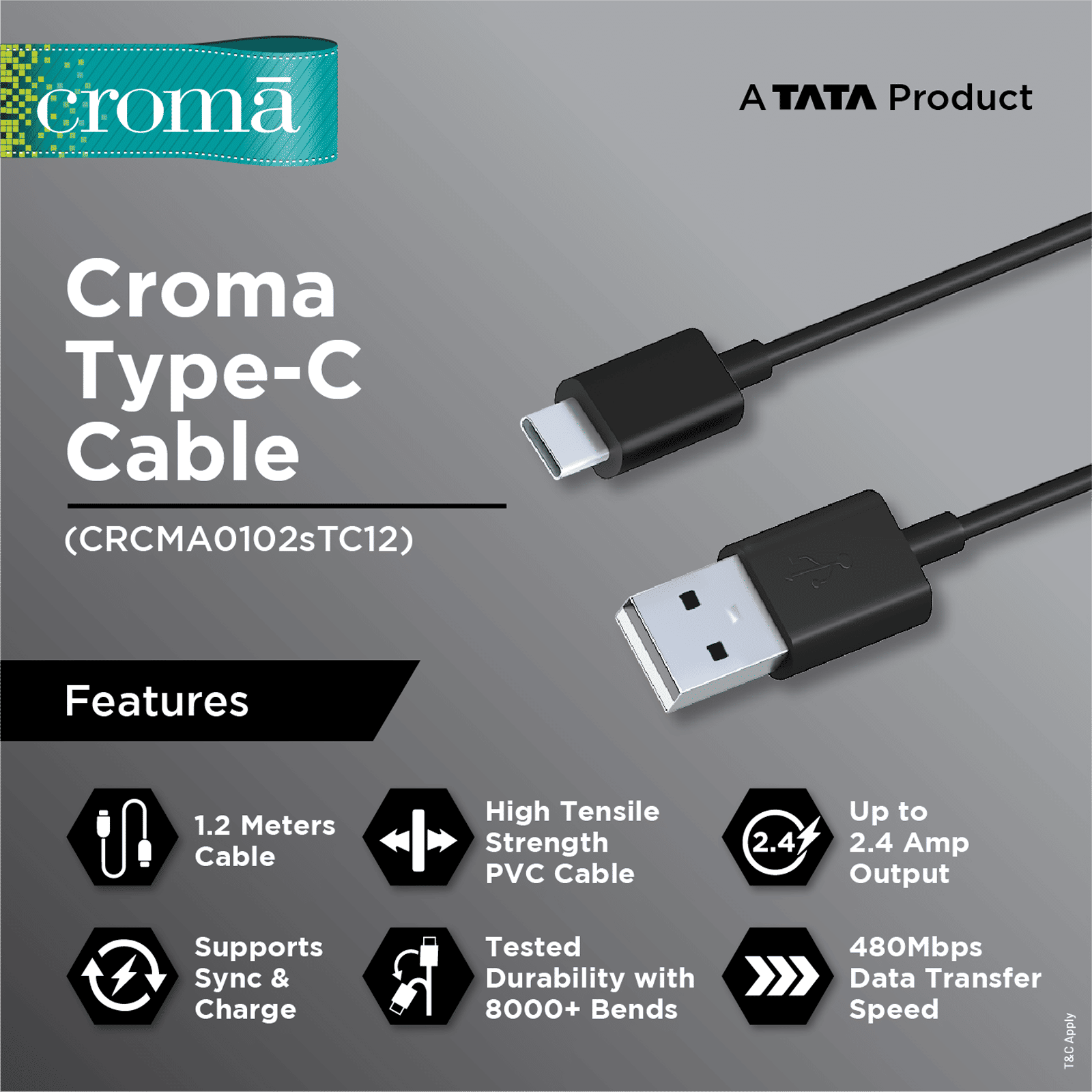 Croma Type A to Type C 3.9 Feet (1.2M) Cable (Sync and Charge, Black) Croma Type A to Type C 3.9 Feet (1.2M) Cable (Sync and Charge, Black)_3