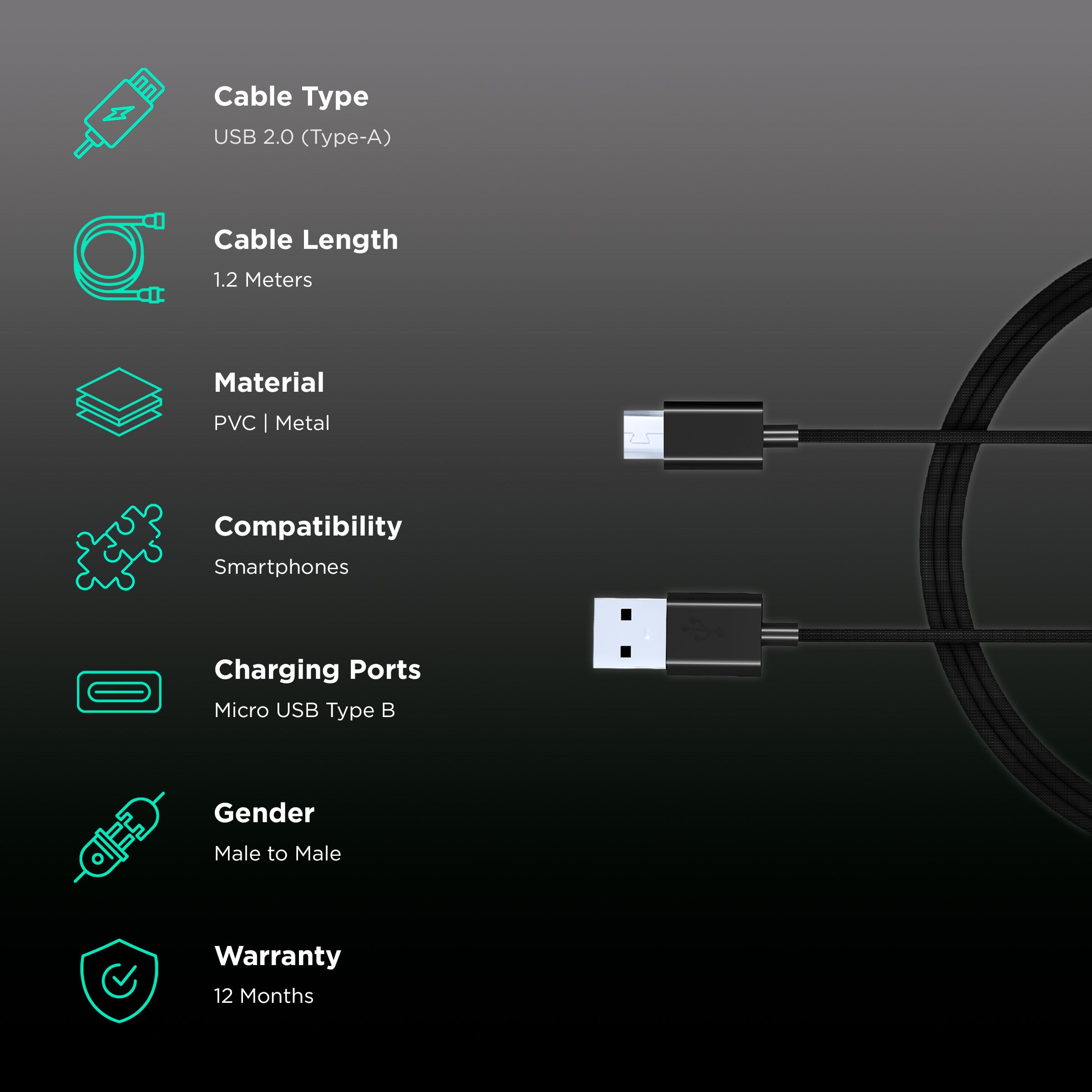 Croma Type A to Micro USB 3.9 Feet (1.2M) Cable (Sync and Charge, Black) Croma Type A to Micro USB 3.9 Feet (1.2M) Cable (Sync and Charge, Black)_2