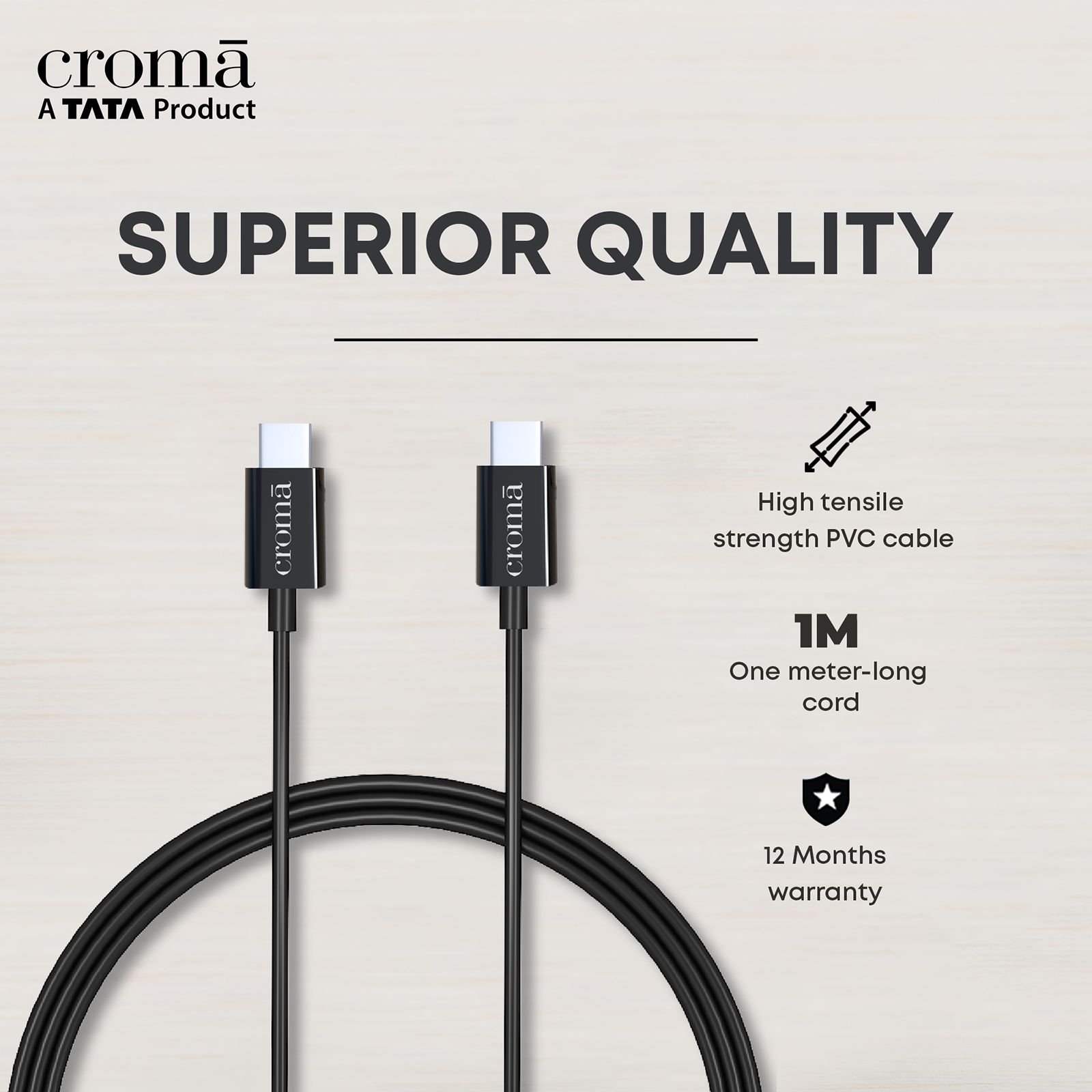 Croma Type C to Type C 3.3 Feet (1M) Cable (Apple Compatible, Black) Croma Type C to Type C 3.3 Feet (1M) Cable (Apple Compatible, Black)_10