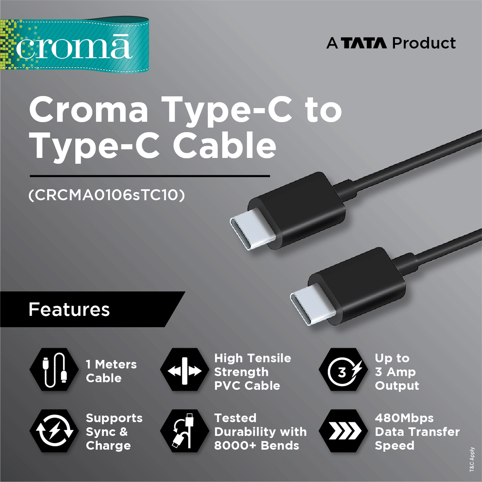 Croma Type C to Type C 3.3 Feet (1M) Cable (Apple Compatible, Black) Croma Type C to Type C 3.3 Feet (1M) Cable (Apple Compatible, Black)_3