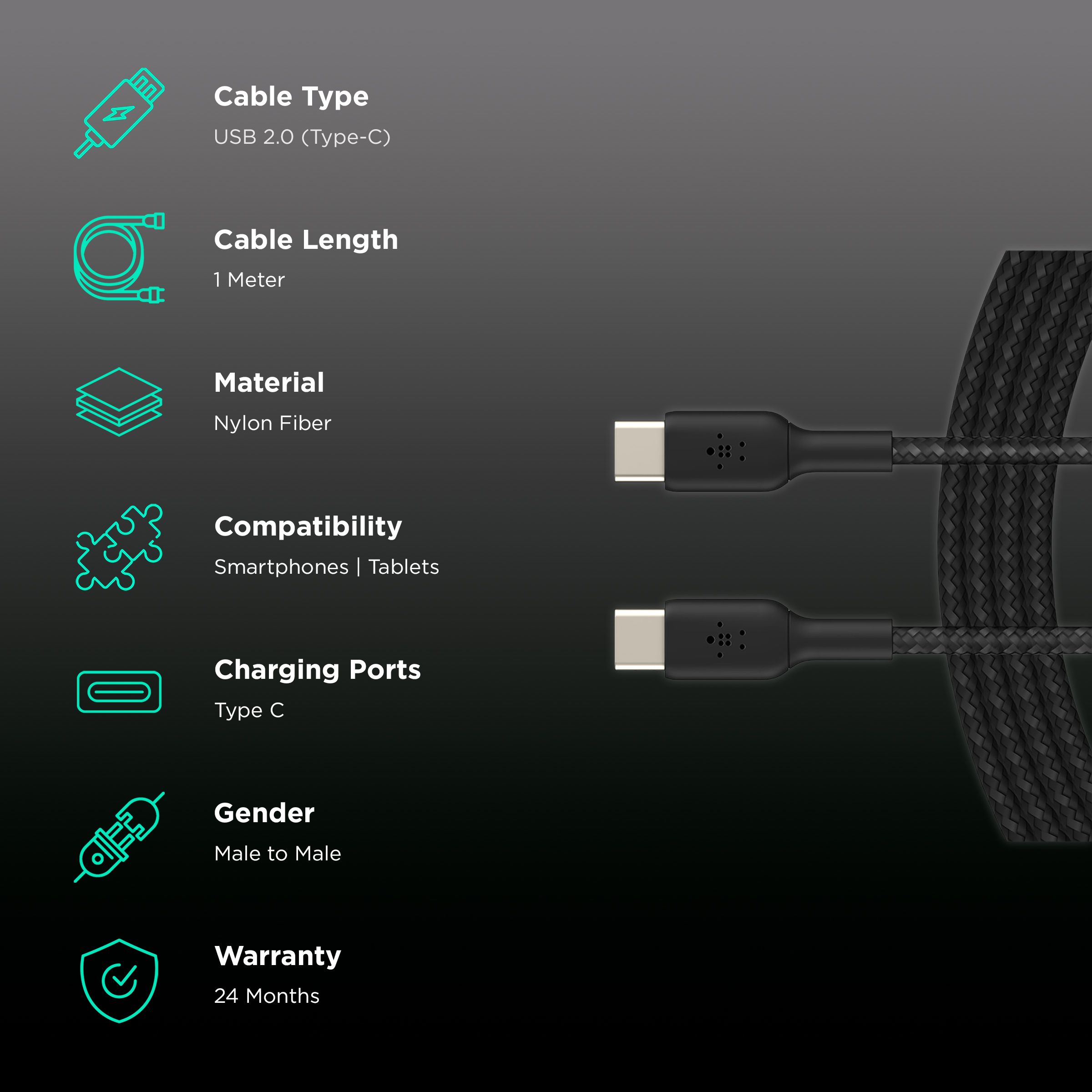 belkin BoostCharge Type C to Type C 3.3 Feet (1M) Cable (Nylon Braided, Black)_2