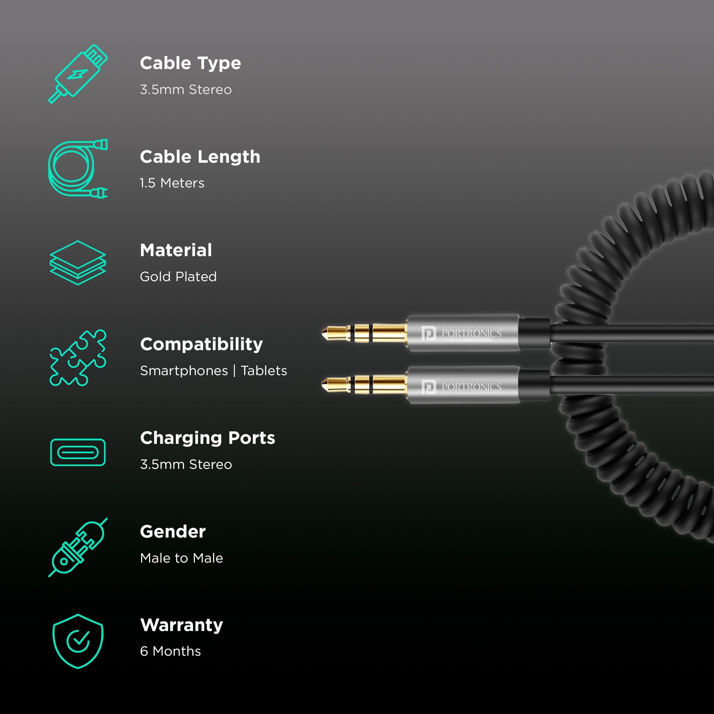 Portronics Konnect 6 3.5mm Aux to 3.5mm Aux 4.9 Feet (1.5M) Cable (Stretchable Spiral, Black) Portronics Konnect 6 3.5mm Aux to 3.5mm Aux 4.9 Feet (1.5M) Cable (Stretchable Spiral, Black)_2