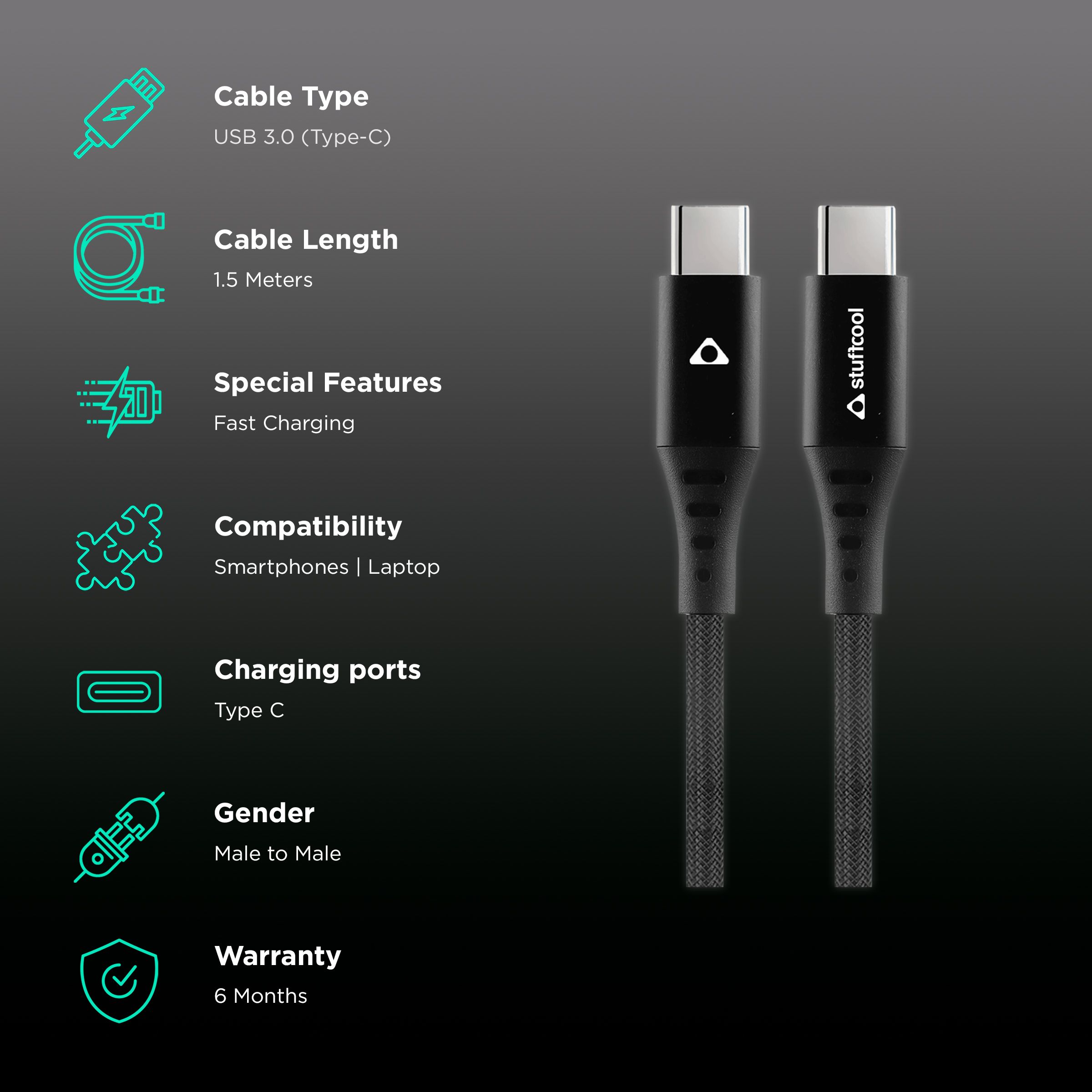 Stuffcool Veloce Type C to Type C 4.9 Feet (1.5M) Cable (Auto Detect IC, Black)_2