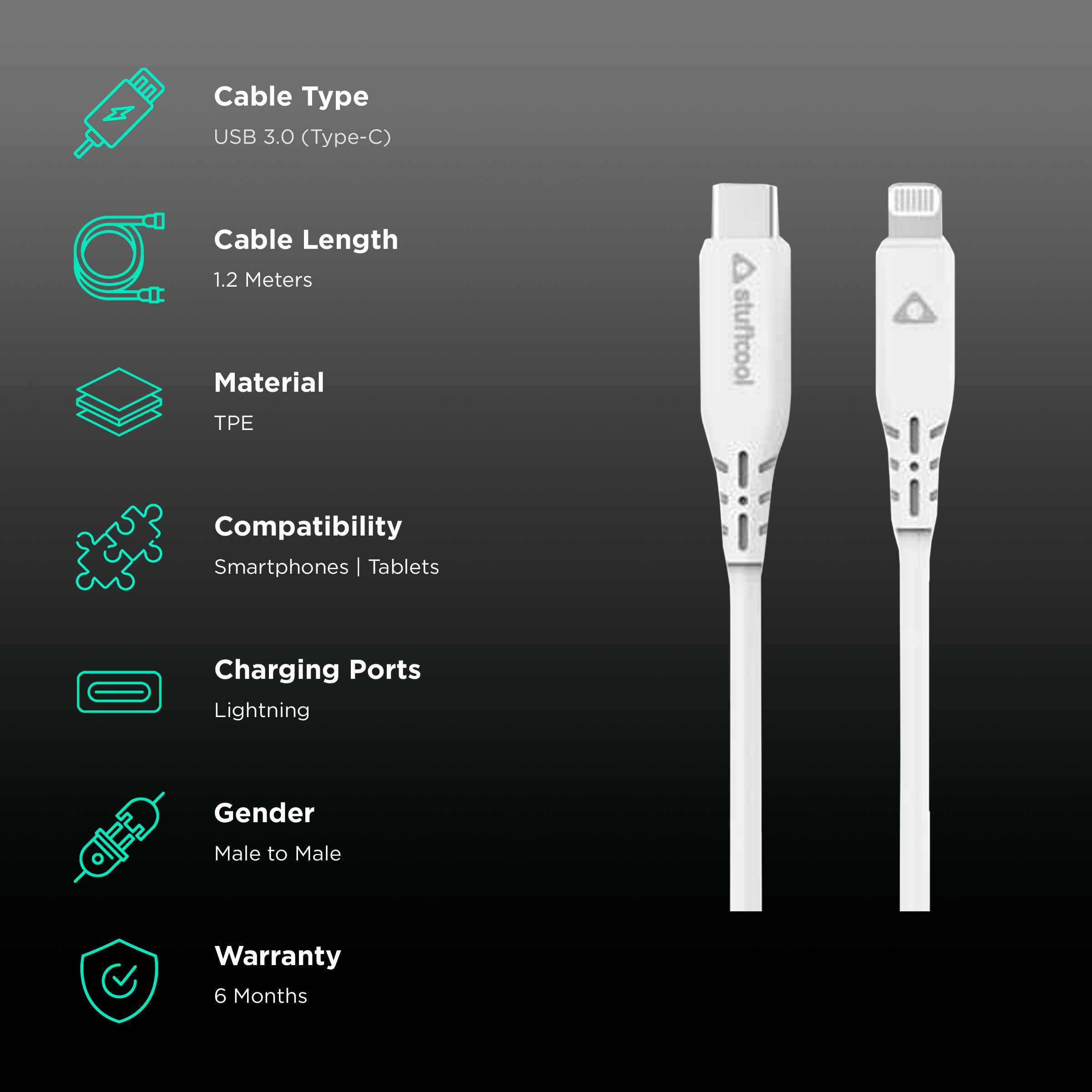 Stuffcool Bolt Type C to Lightning 3.9 Feet (1.2M) Cable (Sync and Charge, White) Stuffcool Bolt Type C to Lightning 3.9 Feet (1.2M) Cable (Sync and Charge, White)_2