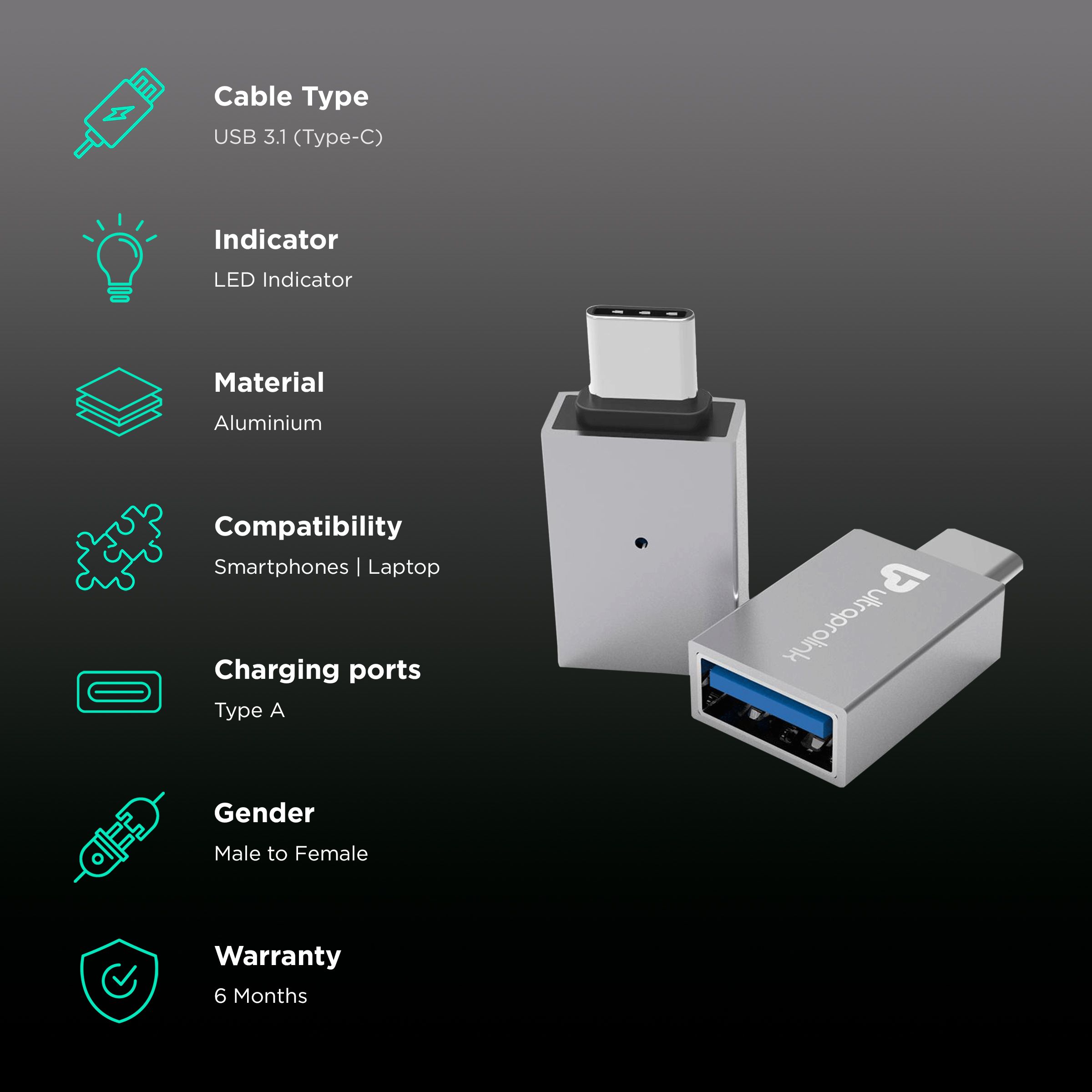 UltraProlink C-Adapt Type C to Type A OTG Adapter (5Gbps Data Transfer Speed, Grey)_2