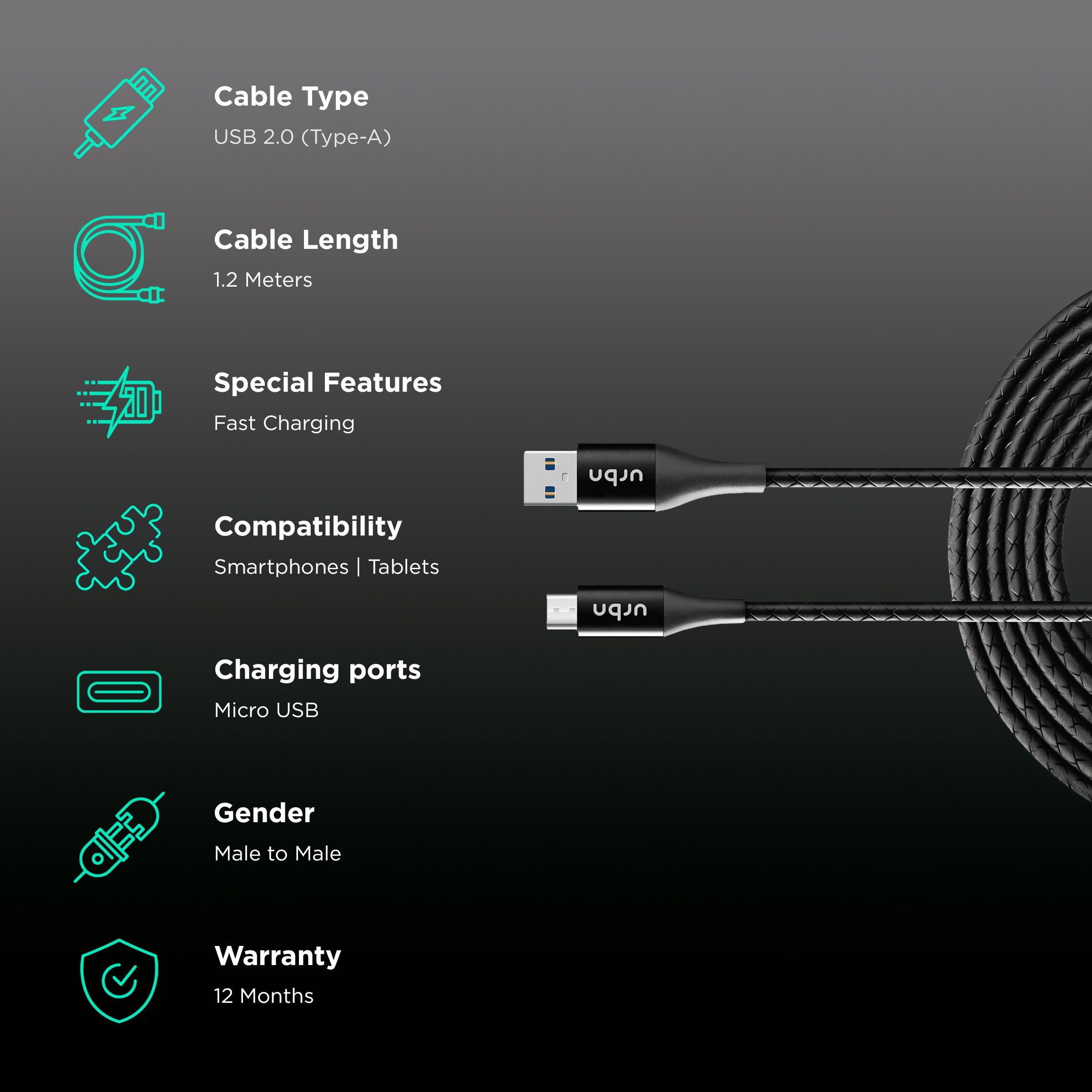 urbn Type A to Micro USB 3.9 Feet (1.2M) Cable (Tangle Free Design, Black) urbn Type A to Micro USB 3.9 Feet (1.2M) Cable (Tangle Free Design, Black)_2