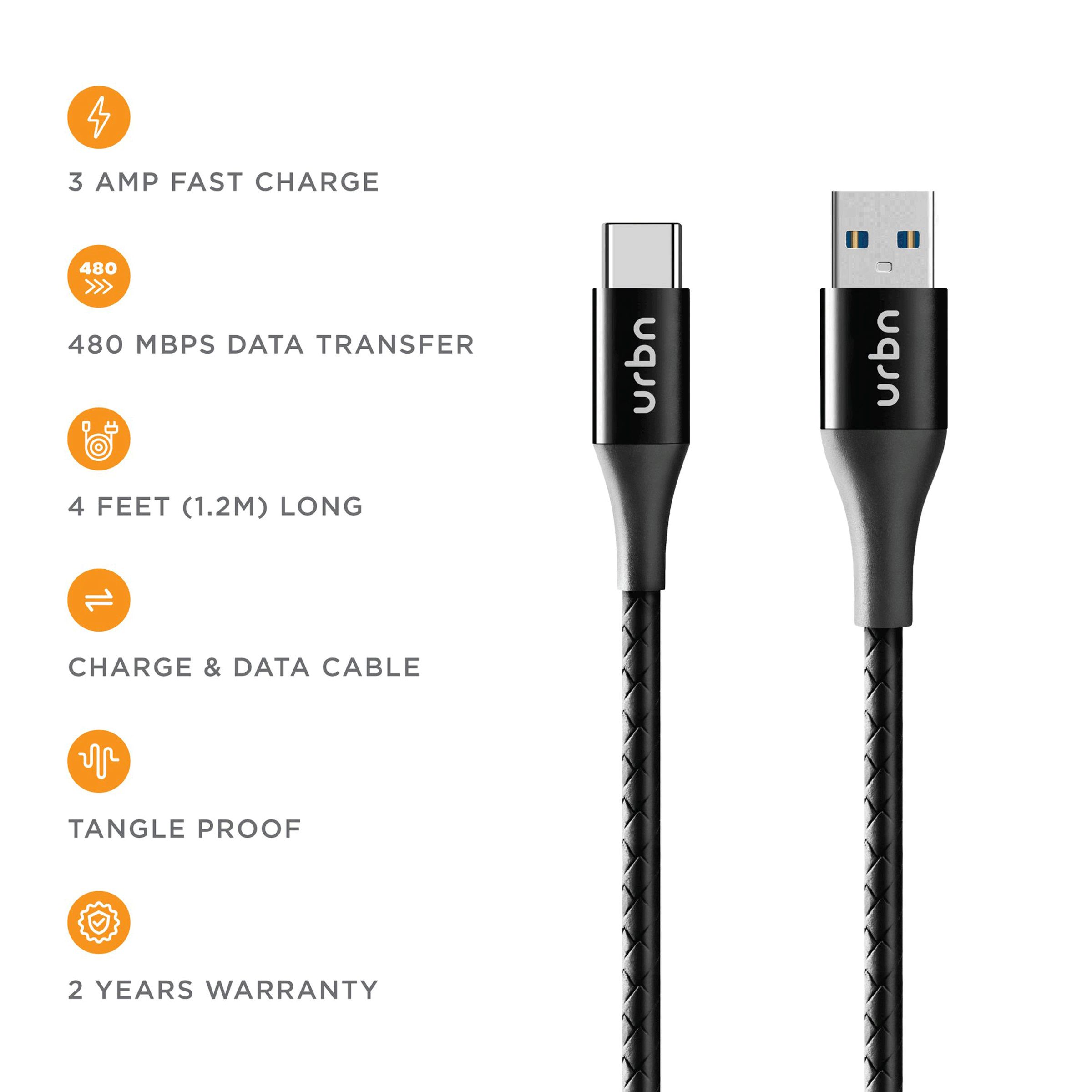 urbn Type A to Type C 3.9 Feet (1.2M) Cable (Tangle Free Design, Black)_11