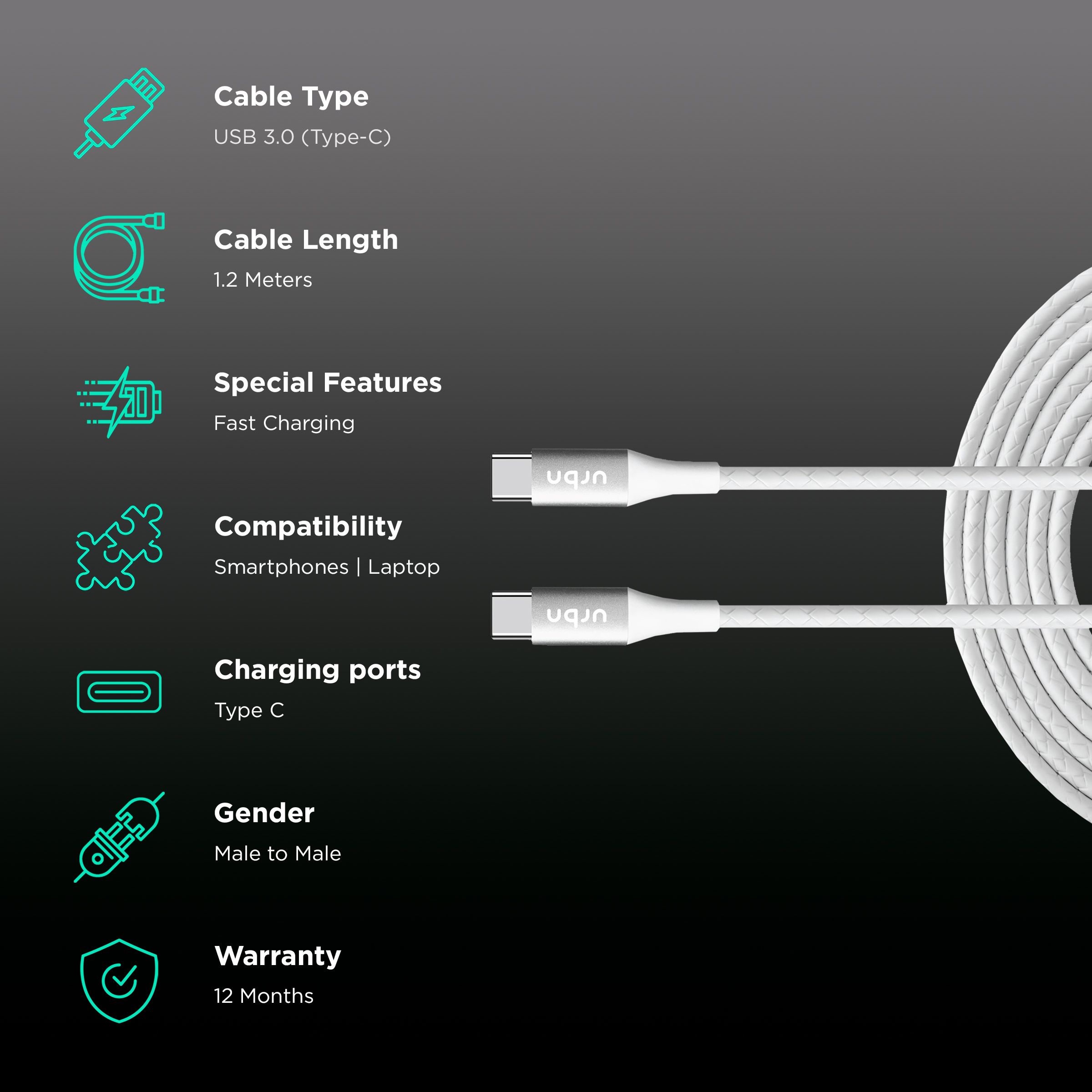 urbn Type C to Type C 3.9 Feet (1.2M) Cable (Tangle Free Design, White)_2