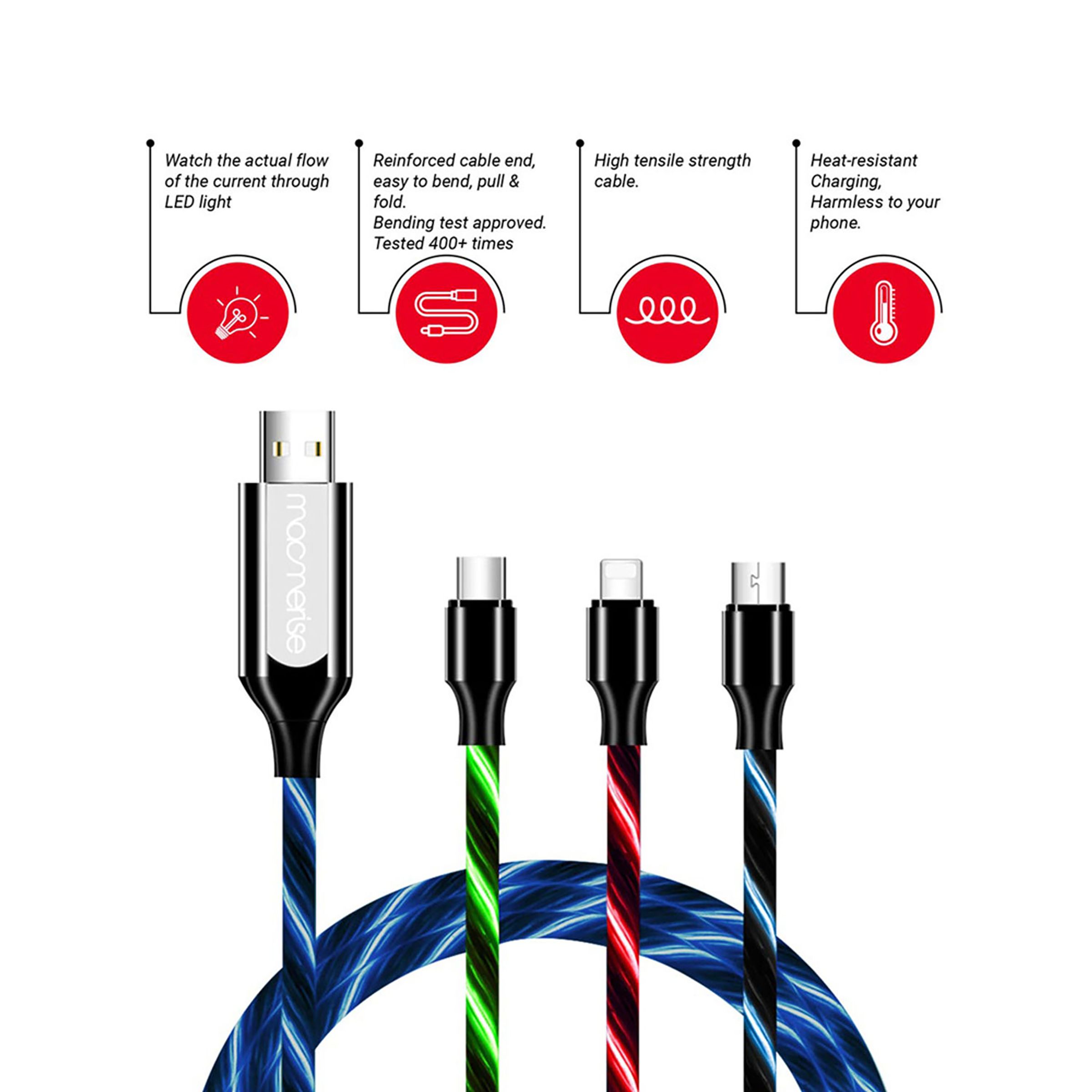 Macmerise Illume Type A to Type C, Micro USB, Lightning 3.3 Feet (1M) 3-in-1 Cable (LED Light Flow, Green)_5