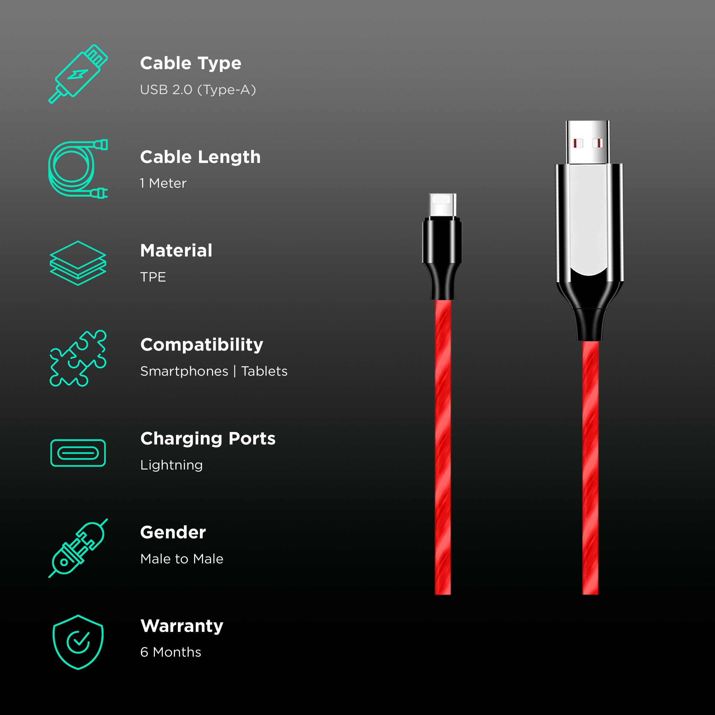 Macmerise Illume Type A to Lightning 3.3 Feet (1M) Cable (LED Light Flow, Red)_2