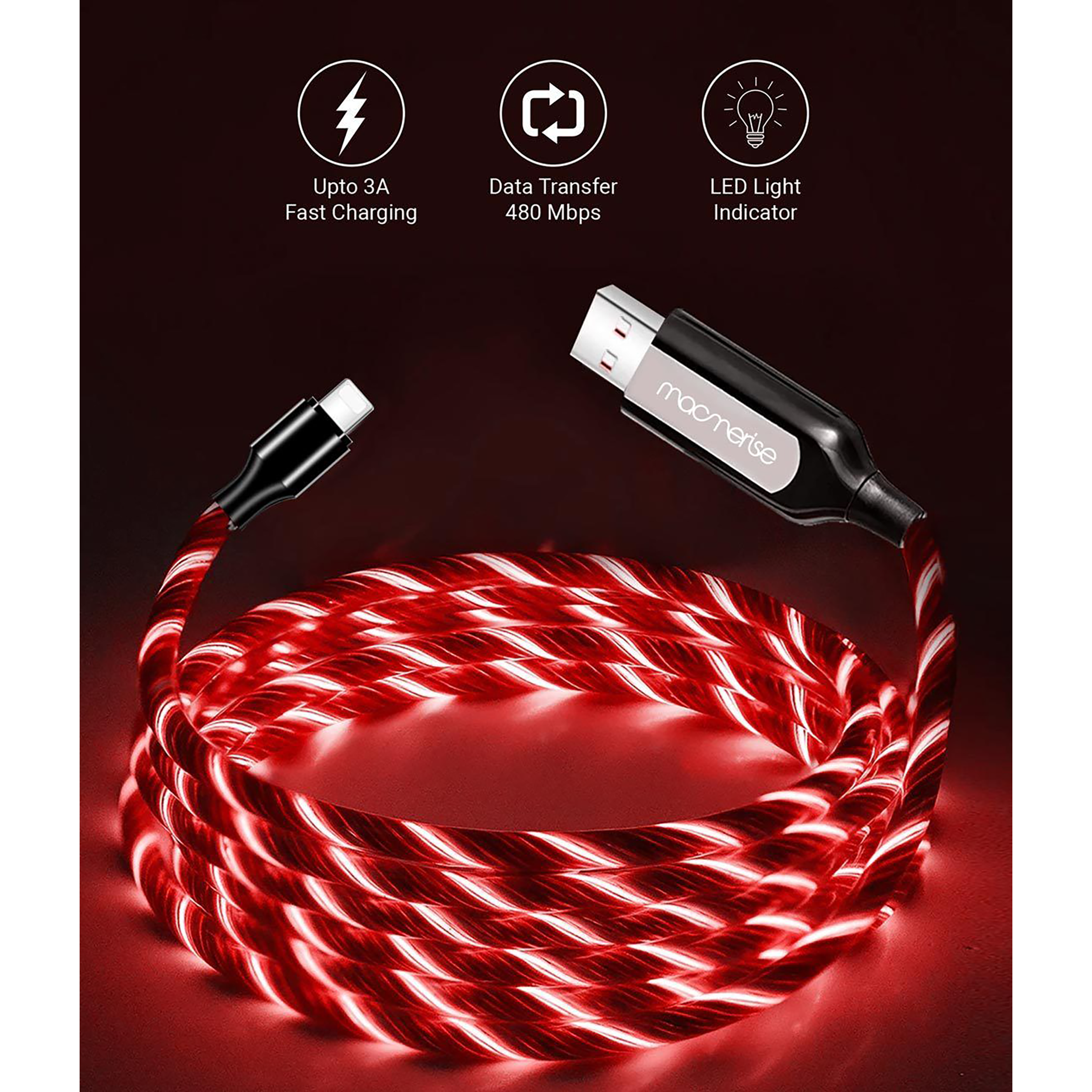 Macmerise Illume Type A to Lightning 3.3 Feet (1M) Cable (LED Light Flow, Red)_3