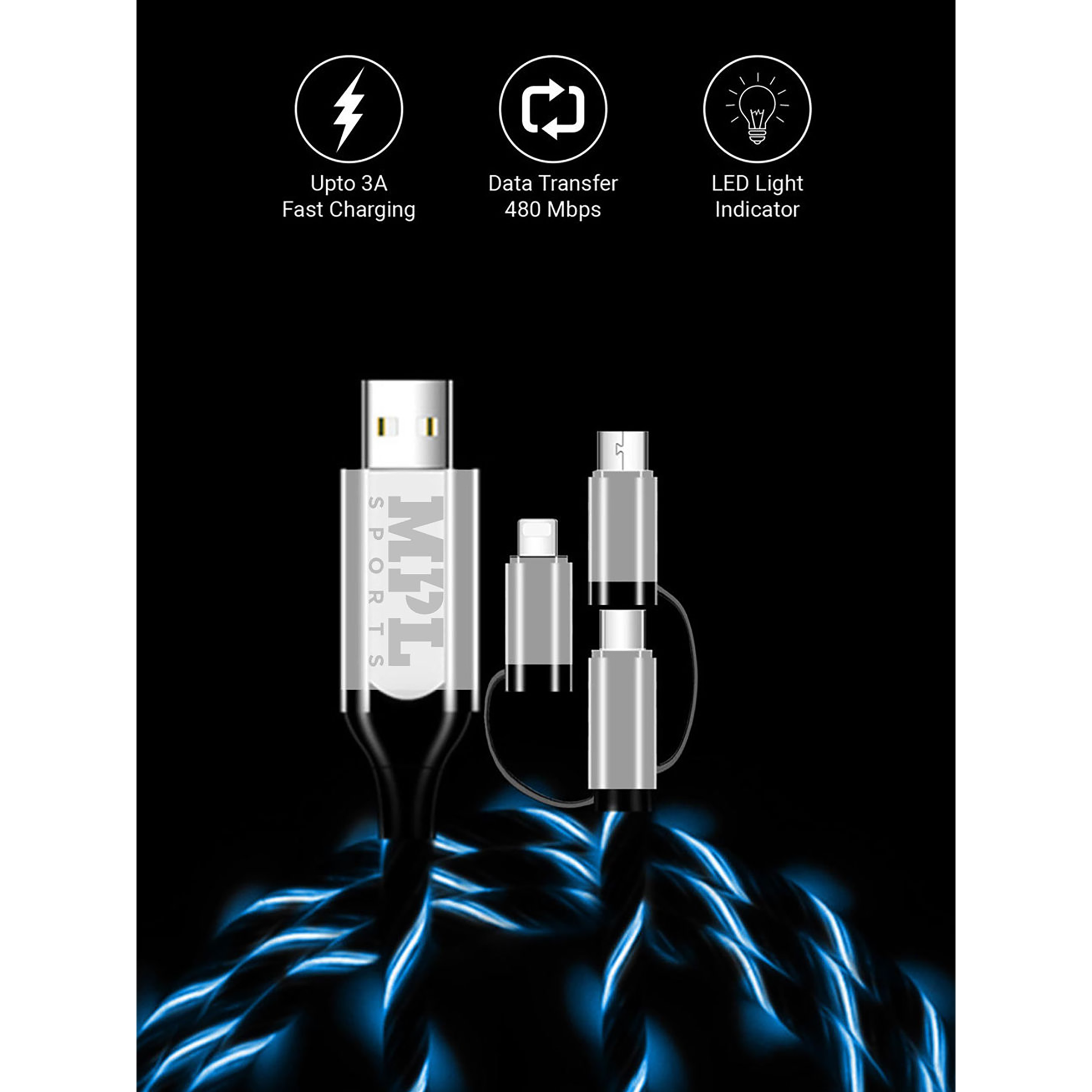 Macmerise Illume Type A to Type C, Micro USB, Lightning 3.3 Feet (1M) 3-in-1 Cable (LED Light Flow, Black) Macmerise Illume Type A to Type C, Micro USB, Lightning 3.3 Feet (1M) 3-in-1 Cable (LED Light Flow, Black)_4
