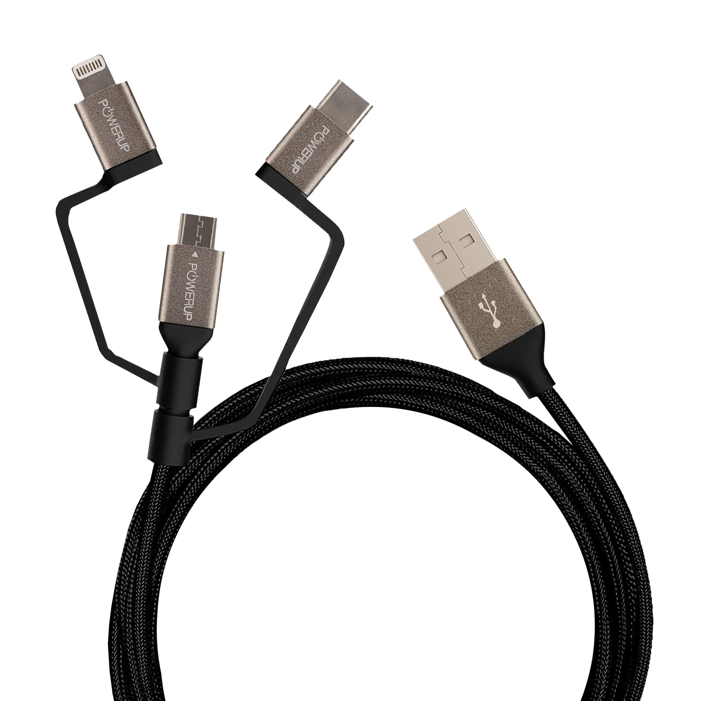 POWERUP Type A to Type C, Micro USB, Lightning 4.9 Feet (1.5M) 3-in-1 Cable (Anodised Aluminium Head, Black) POWERUP Type A to Type C, Micro USB, Lightning 4.9 Feet (1.5M) 3-in-1 Cable (Anodised Aluminium Head, Black)_1