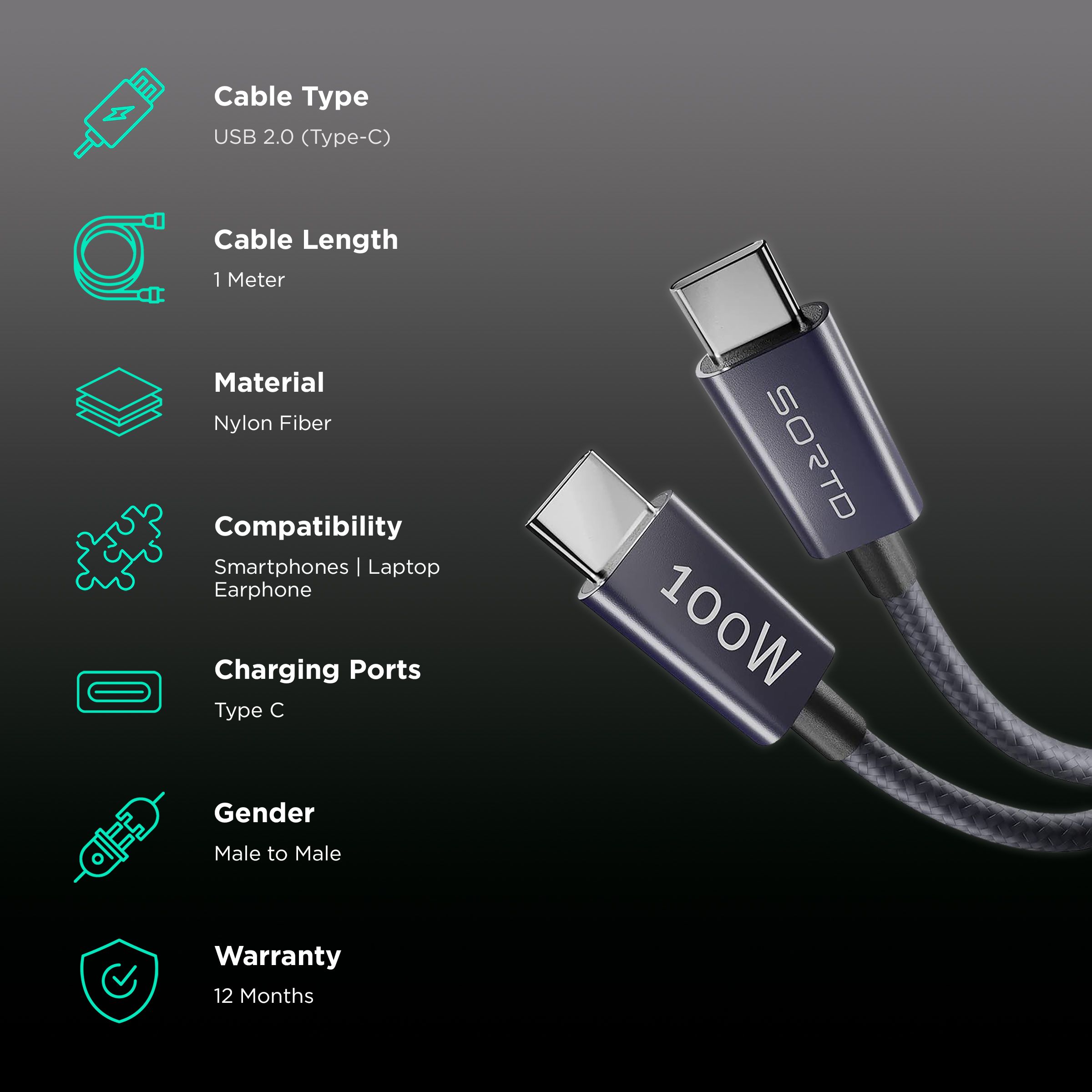 Sortd Type C to Type C 3.3 Feet (1M) Cable (In-Build Smart E Marker Chip, Grey) Sortd Type C to Type C 3.3 Feet (1M) Cable (In-Build Smart E Marker Chip, Grey)_2