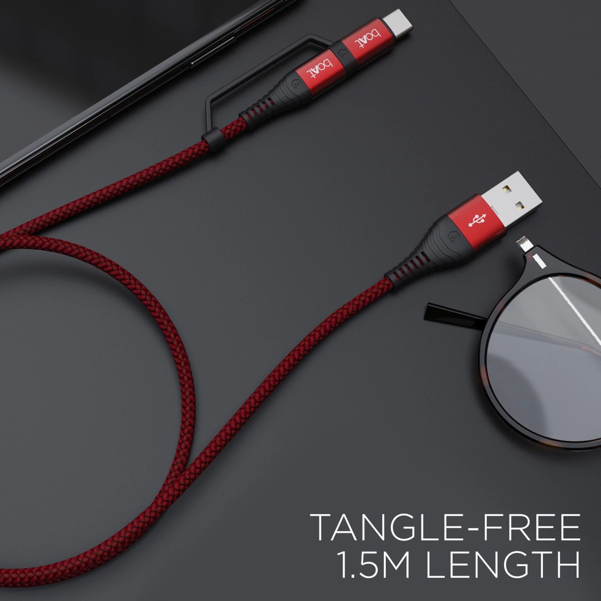boAt Deuce 330 Type A to Type C, Micro USB 4.9 Feet (1.5M) 2-in-1 Cable (Tangle-free Design, Martian Red)_3