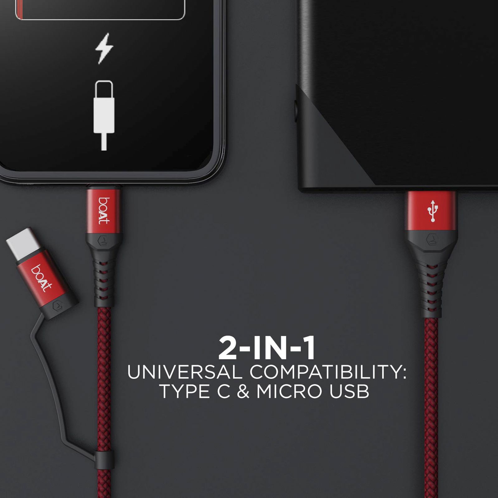 boAt Deuce 330 Type A to Type C, Micro USB 4.9 Feet (1.5M) 2-in-1 Cable (Tangle-free Design, Martian Red)_5