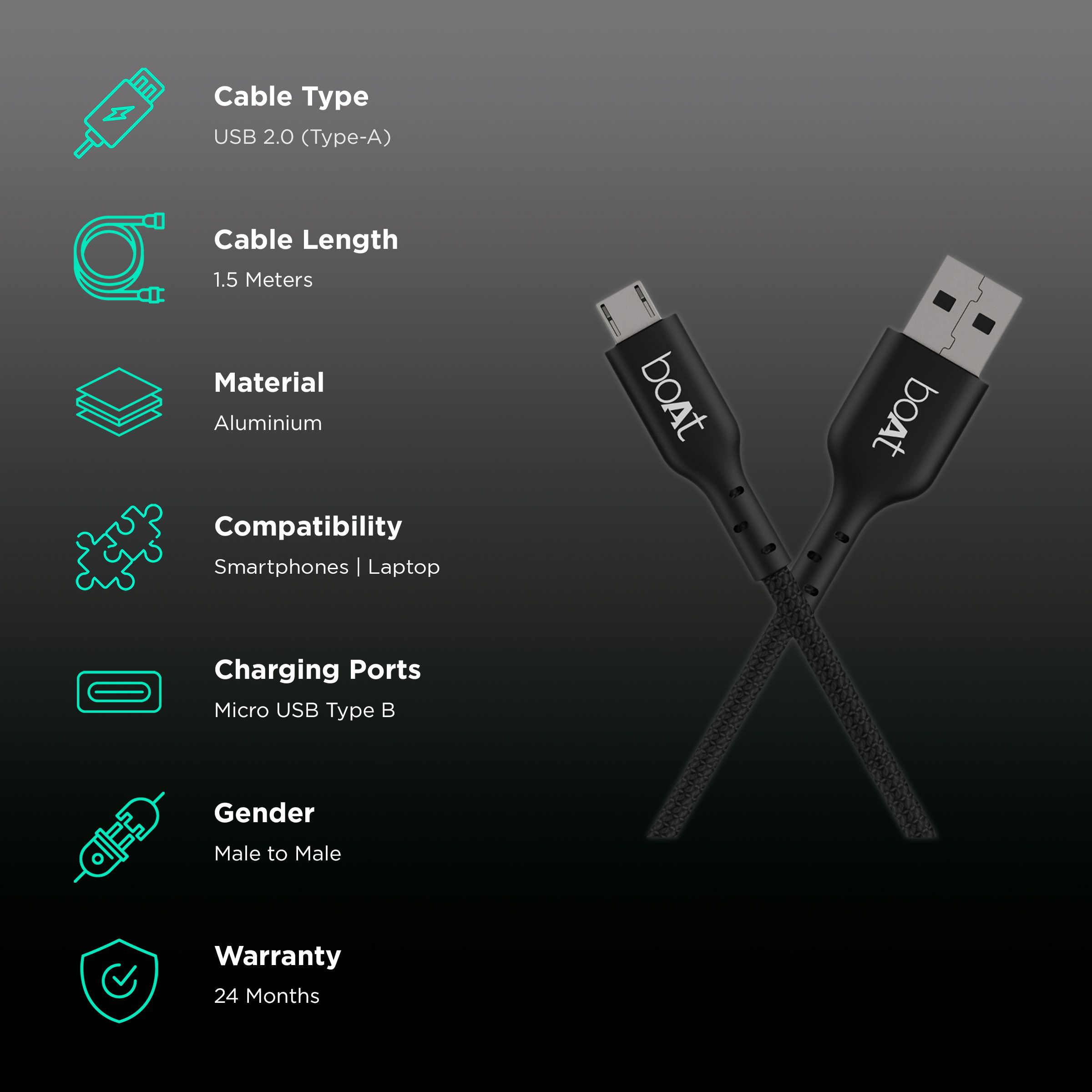 boAt USB 150 MKI Type A to Micro USB 4.9 Feet (1.5M) Cable (Premium Cotton Braiding, Black) boAt USB 150 MKI Type A to Micro USB 4.9 Feet (1.5M) Cable (Premium Cotton Braiding, Black)_2