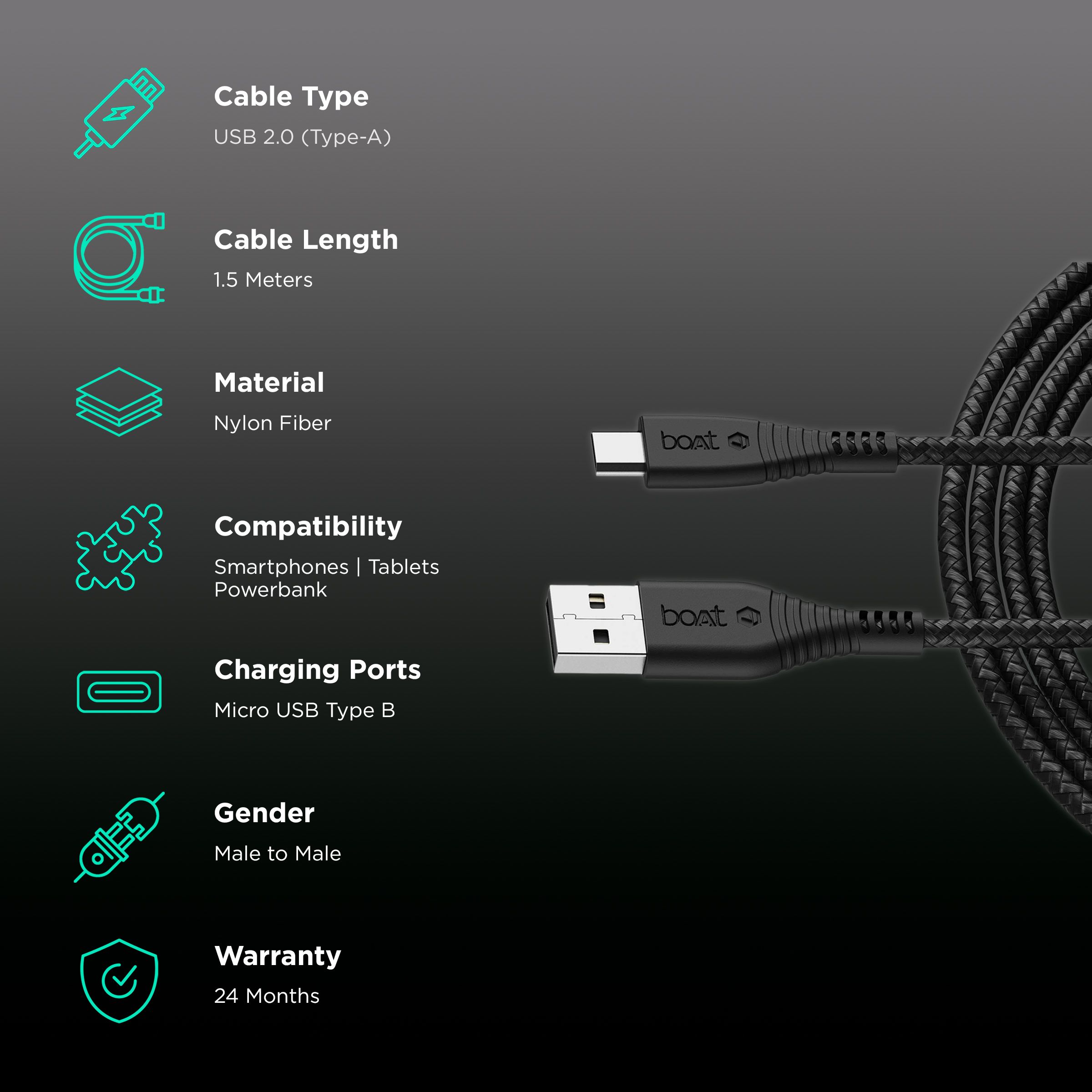 boAt 55 Type A to Micro USB 4.9 Feet (1.5M) Cable (Tangle-free Design, Black)_2
