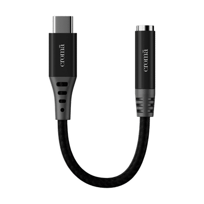 Croma Type C to 3.5mm Aux 0.39 Feet (0.12M) Audio Adapter (In-Built DAC Chip, Black)