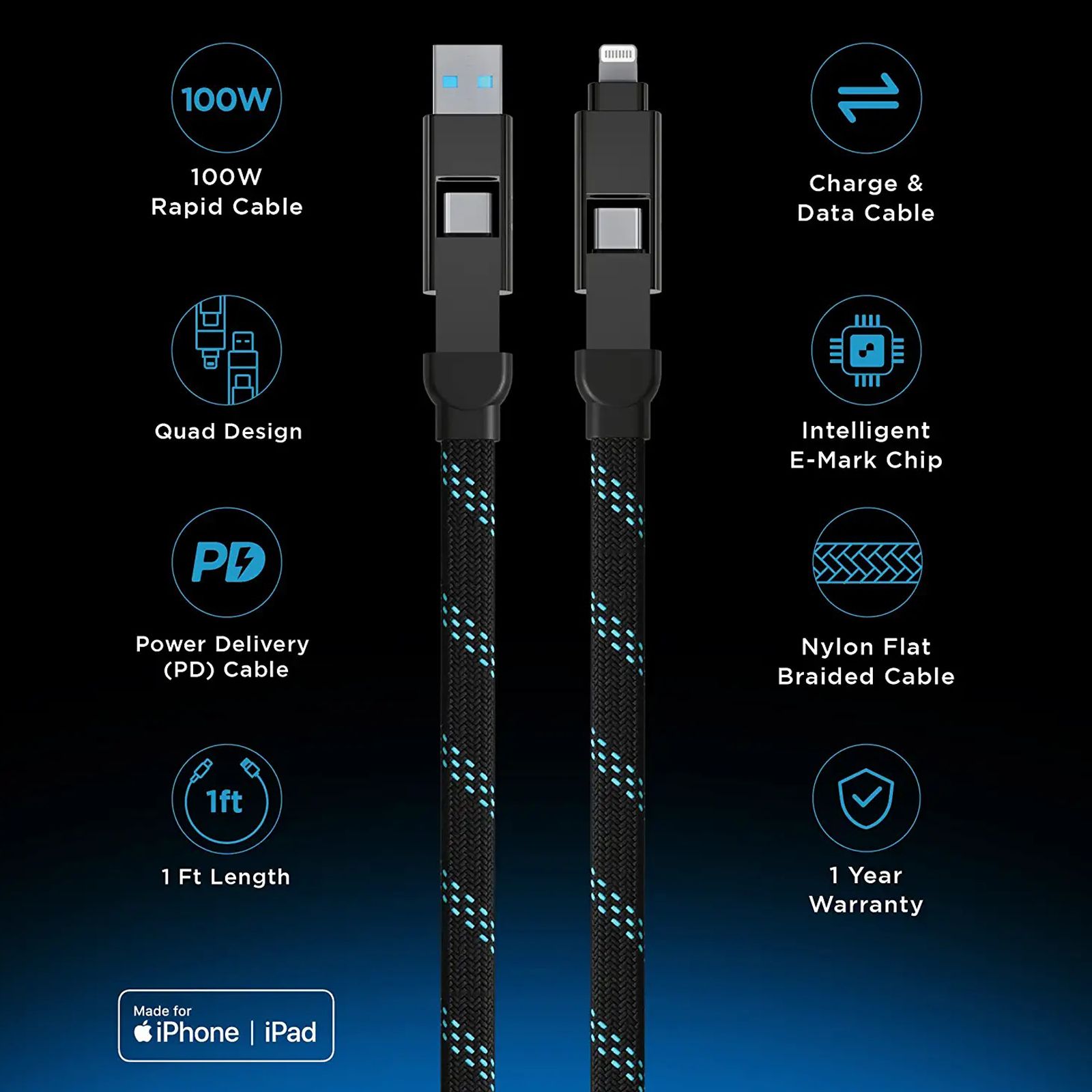 urbn Quad Type A, Type C to Type C, Lightning 1 Feet (0.3M) 4-in-1 Cable (Nylon Braided, Black) urbn Quad Type A, Type C to Type C, Lightning 1 Feet (0.3M) 4-in-1 Cable (Nylon Braided, Black)_10