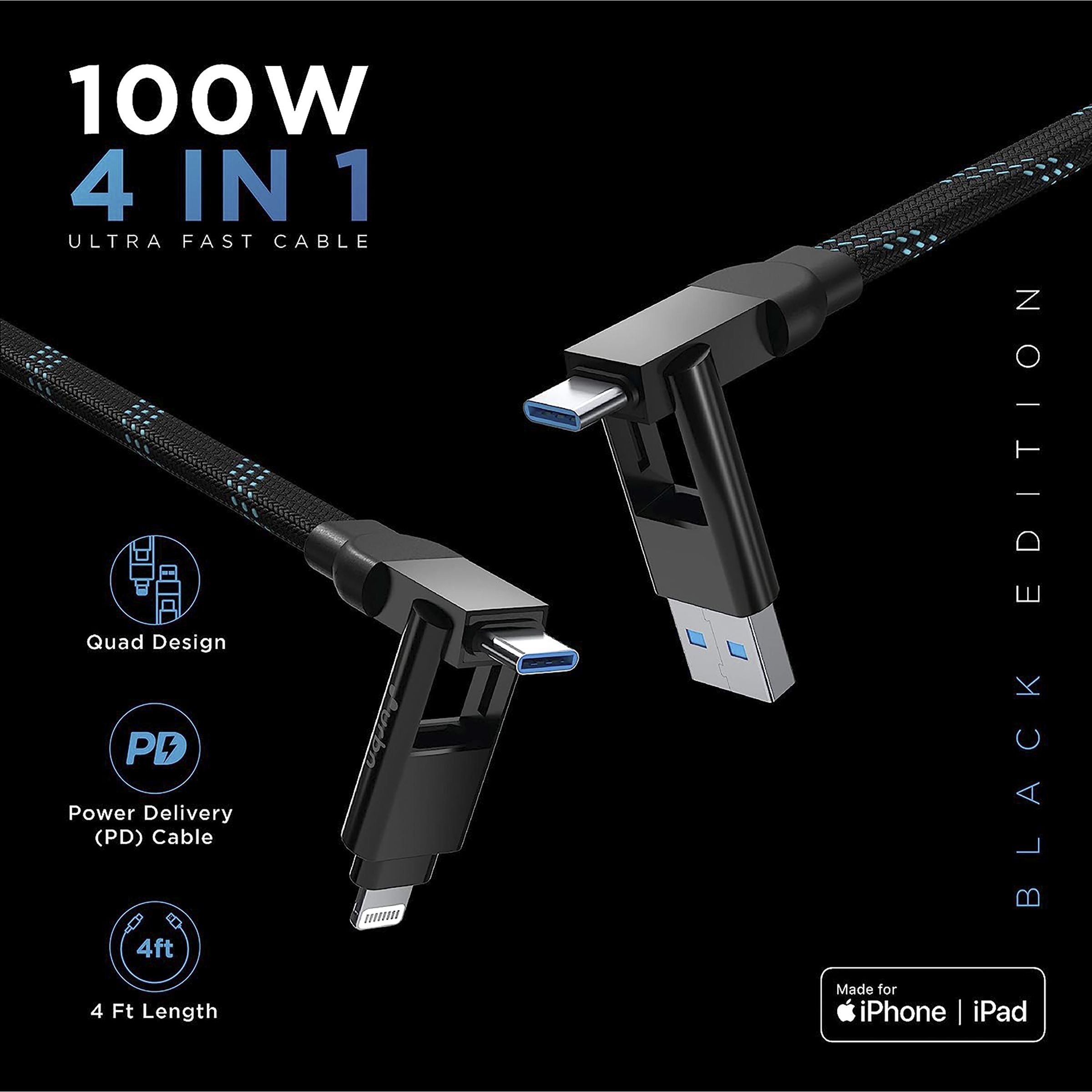 urbn Quad Type A, Type C to Type C, Lightning 3.9 Feet (1.2M) 4-in-1 Cable (Nylon Braided, Black) urbn Quad Type A, Type C to Type C, Lightning 3.9 Feet (1.2M) 4-in-1 Cable (Nylon Braided, Black)_11