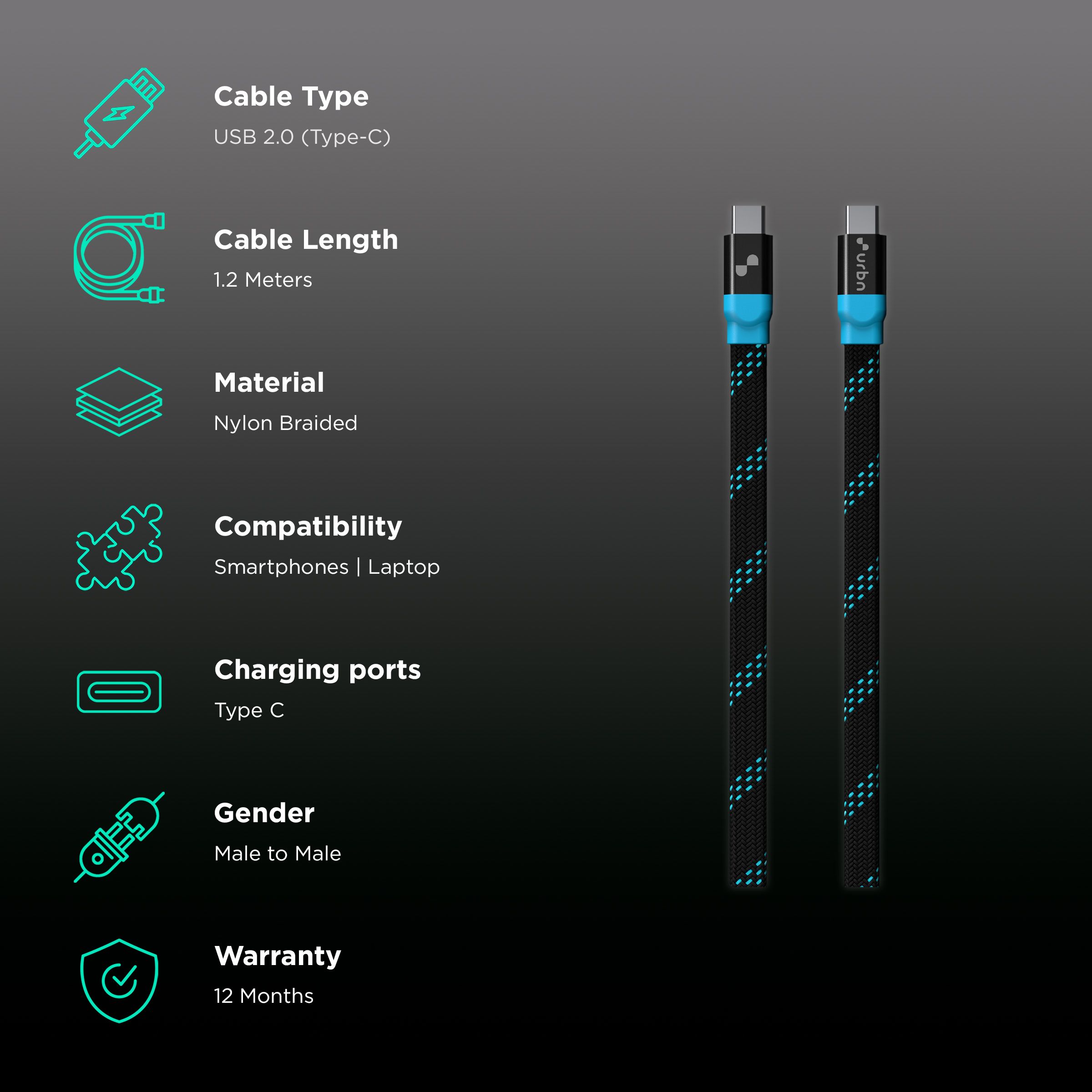 urbn Type C to Type C 3.9 Feet (1.2M) Cable (Nylon Braided, Black) urbn Type C to Type C 3.9 Feet (1.2M) Cable (Nylon Braided, Black)_2