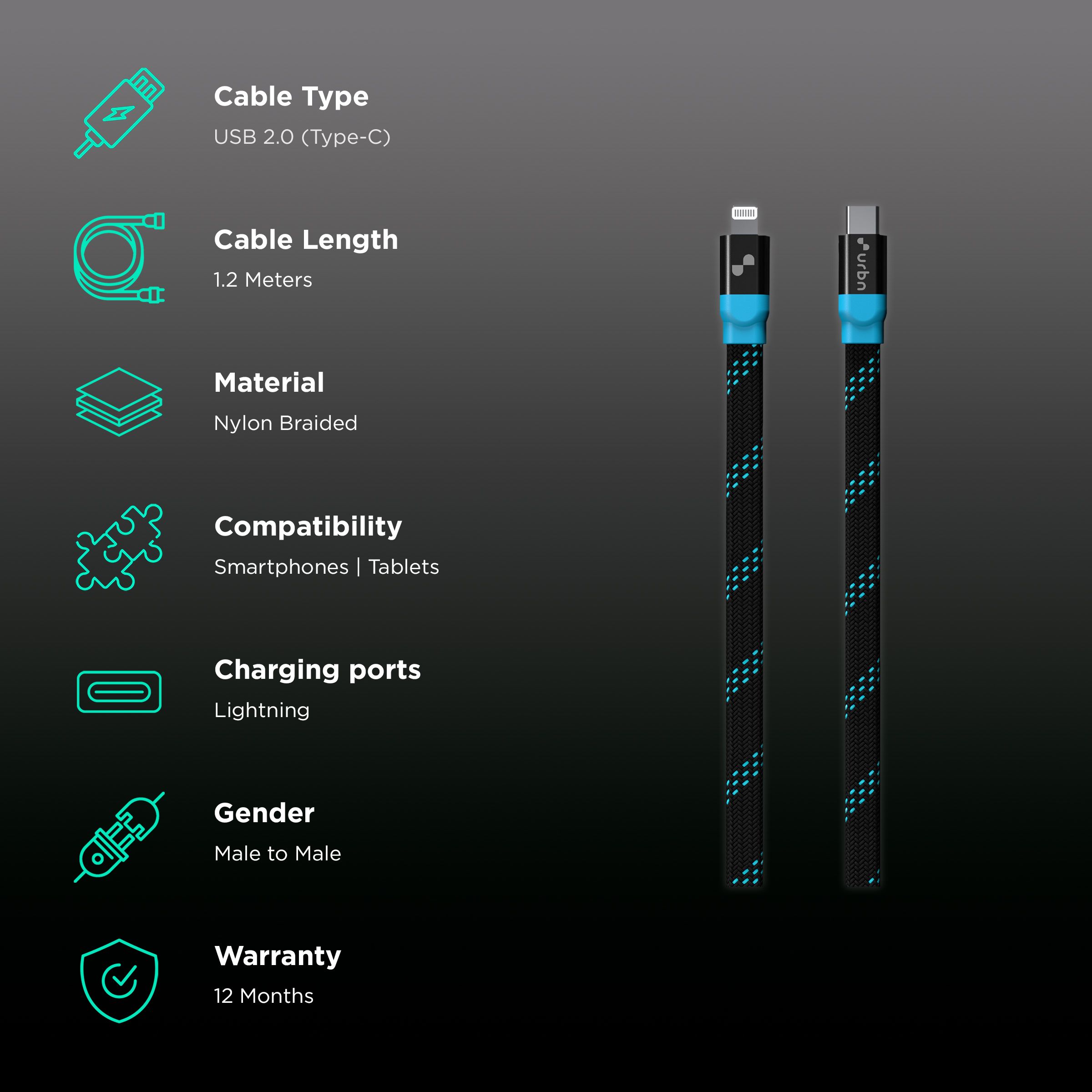 urbn Type C to Lightning 3.9 Feet (1.2M) Cable (Nylon Braided, Black) urbn Type C to Lightning 3.9 Feet (1.2M) Cable (Nylon Braided, Black)_2