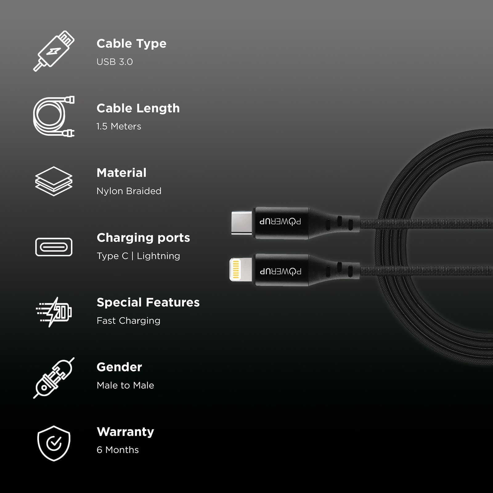 POWERUP Type C to Lightning 4.92 Feet (1.5M) Cable (Fast Charge and Data Sync, Black)_2