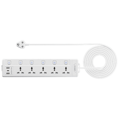 Croma 6 Amps 5 Sockets Surge Protector (2 Meters, Child Safety Shutters, White)
