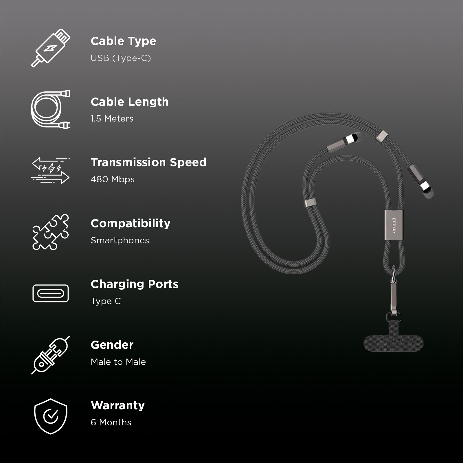 Croma Type C to Type C 4.92 Feet (1.5M) Lanyard Cable (Nylon Braided, Black)_2