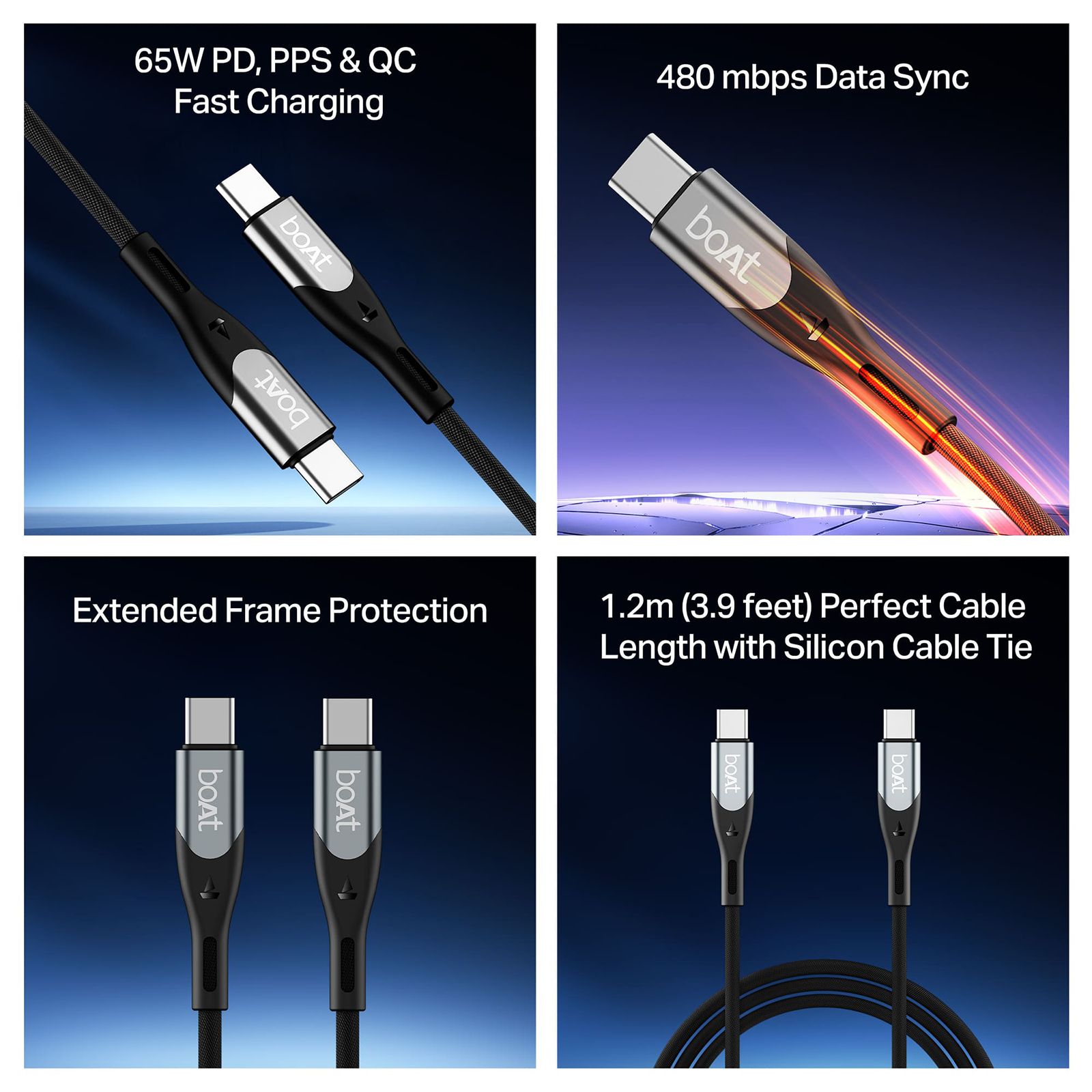 boAt 65W Type C to Type C 3.9 Feet (1.2M) Cable (Nylon Braided, Carbon Black)_7