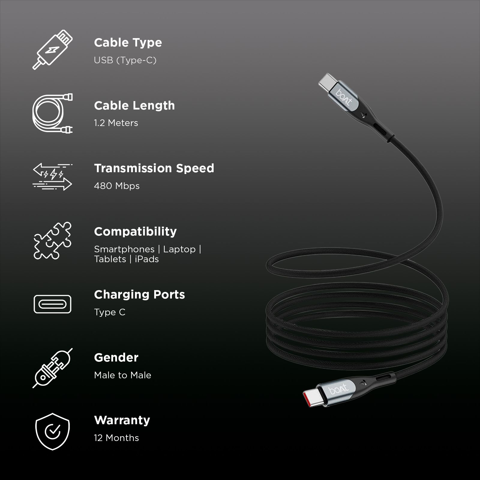 boAt Type C to Type C 3.9 Feet (1.2M) Cable (Nylon Braided, Carbon Black) _2