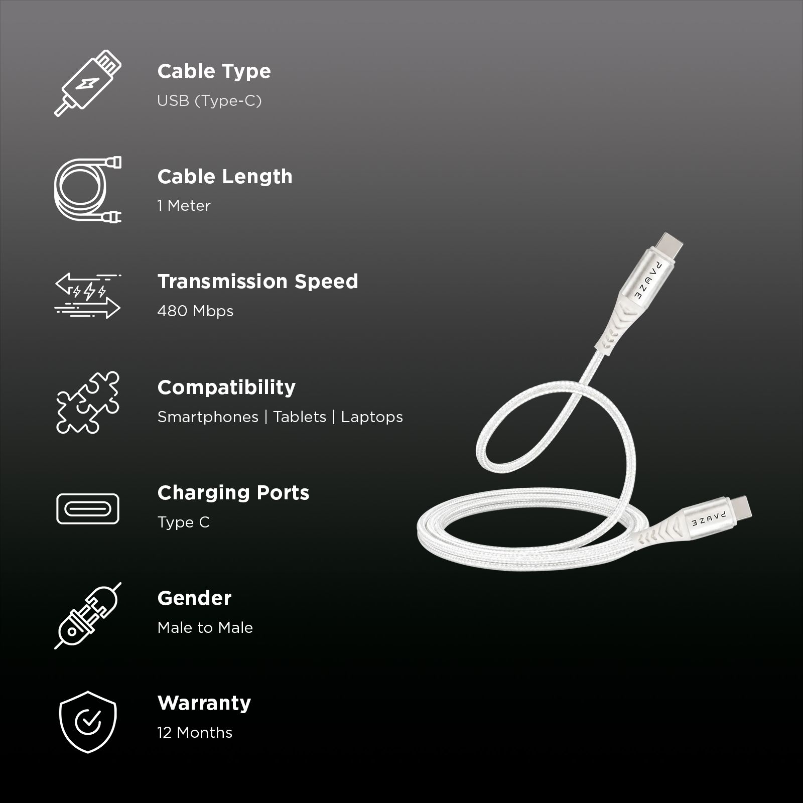 PAUZE LINK Type C to Type C 3.2 Feet (1M) Cable (65W Power Delivery, Arctic Black) PAUZE LINK Type C to Type C 3.2 Feet (1M) Cable (65W Power Delivery, Arctic Black)_2