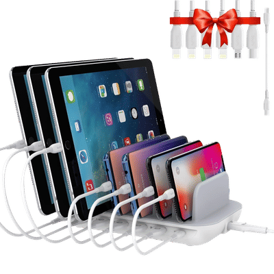 Soopii 70W Type A & Type C 7-Port Fast Charging Station (Type A to Type C, Type A to Micro USB & Type A to Lightning Cable, Quick Charge 3.0, White)