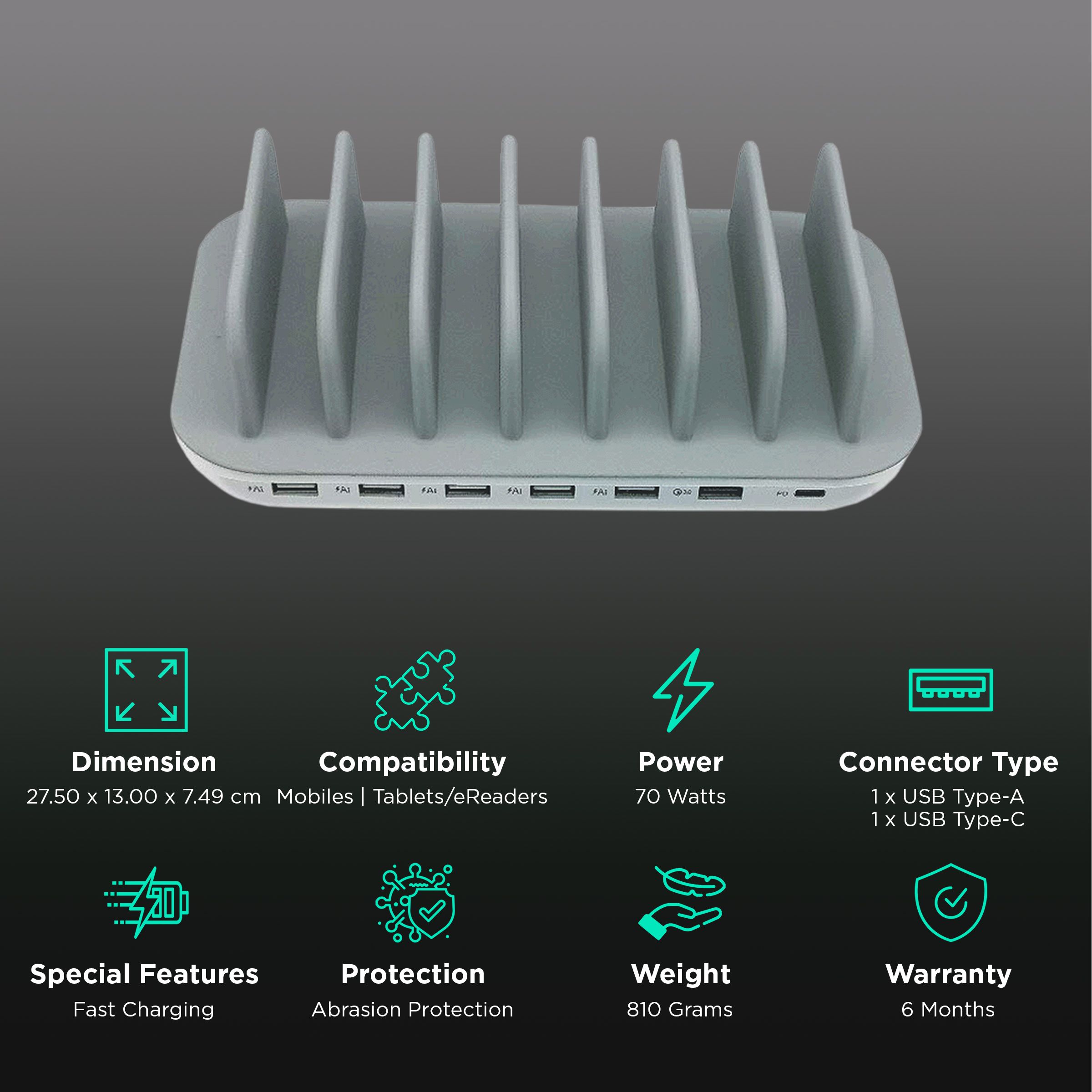 Soopii 70W Type A & Type C 7-Port Fast Charging Station (Type A to Type C, Type A to Micro USB & Type A to Lightning Cable, Quick Charge 3.0, White)_2