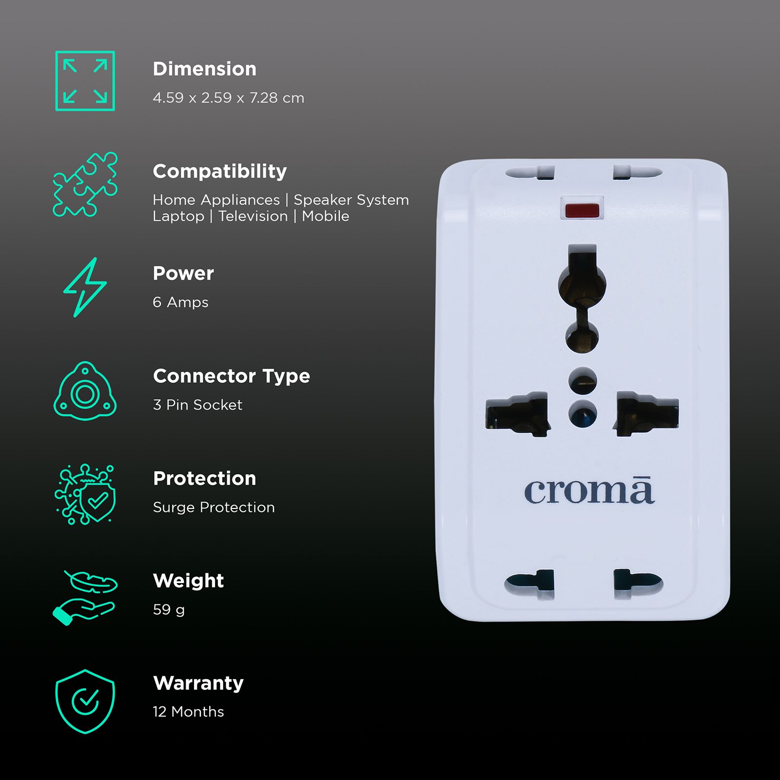Croma CRSP3SPSPA264301 6 Amps 3 Way Multiplug (Built-in Surge Protection, White)_3