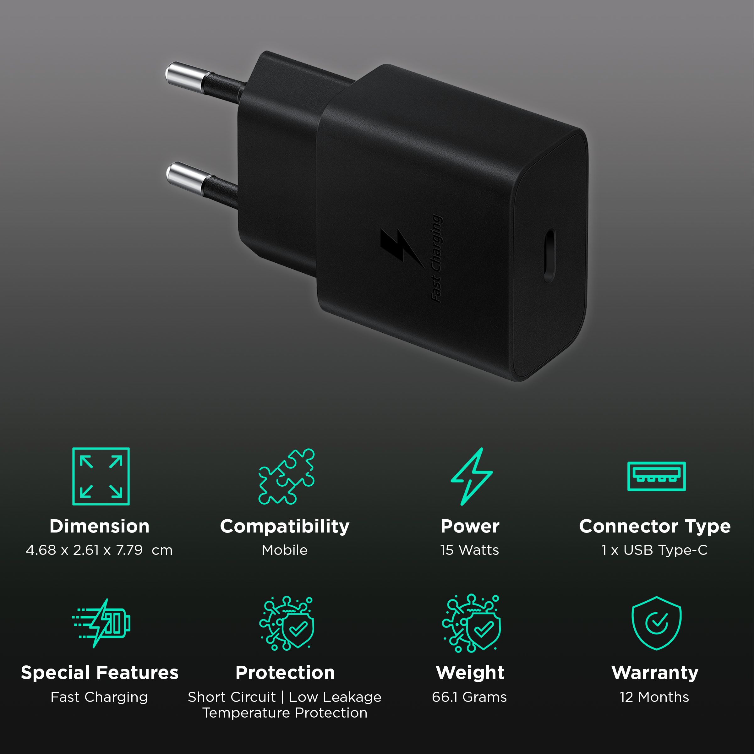 SAMSUNG 15W Type C Fast Charger (Type C to Type C Cable, Temperature Protection, Black)_2